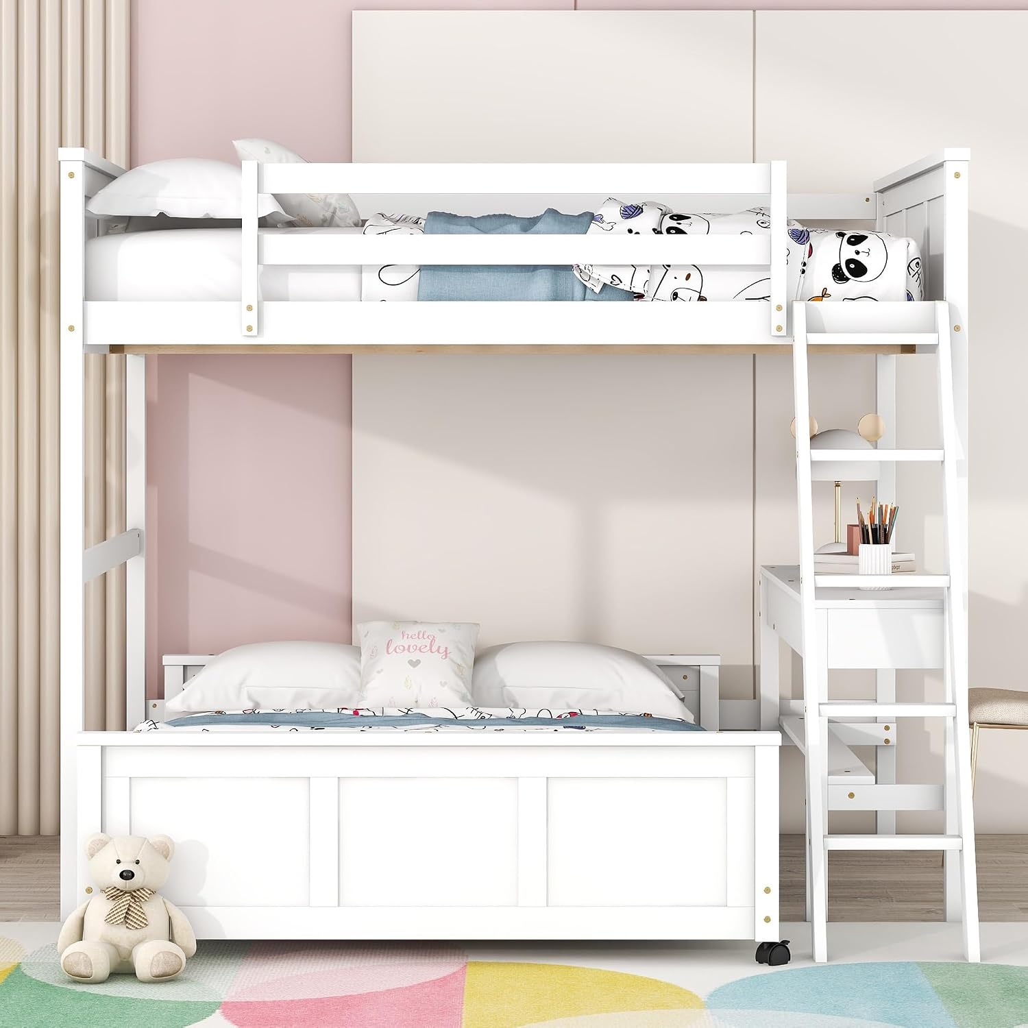 Ball & Cast Full Over Full Bunk Bed with Safty Guardrail & Stairway,Heavy Duty Wood Loft Bedframe W/Desk & Drawers,Easy Assembly,Versatile Functional Bedroom Furniture Set for Boy Girl Teens,White