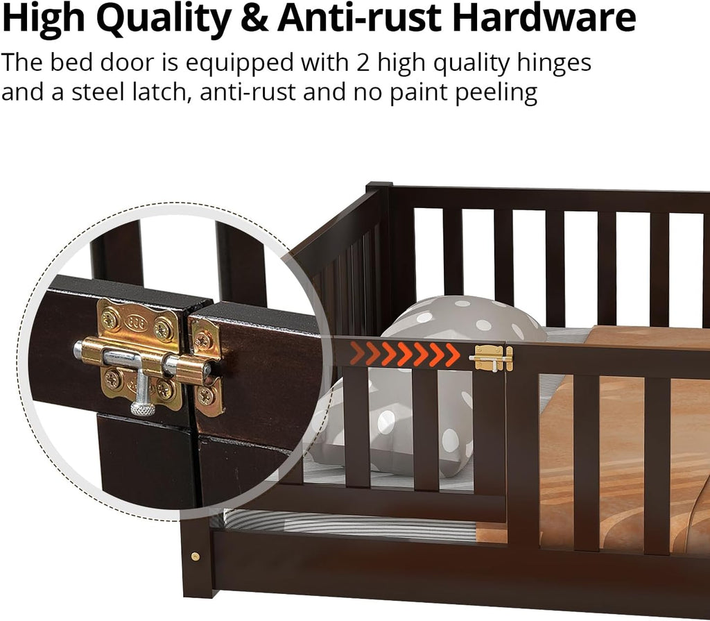i-POOK Queen Floor Bed for Children, Sturdy Wood Montessori Bed Frame with Wood Slats, High Fence & Small Door for Girls and Boys, Espresso (with Bed Slats)