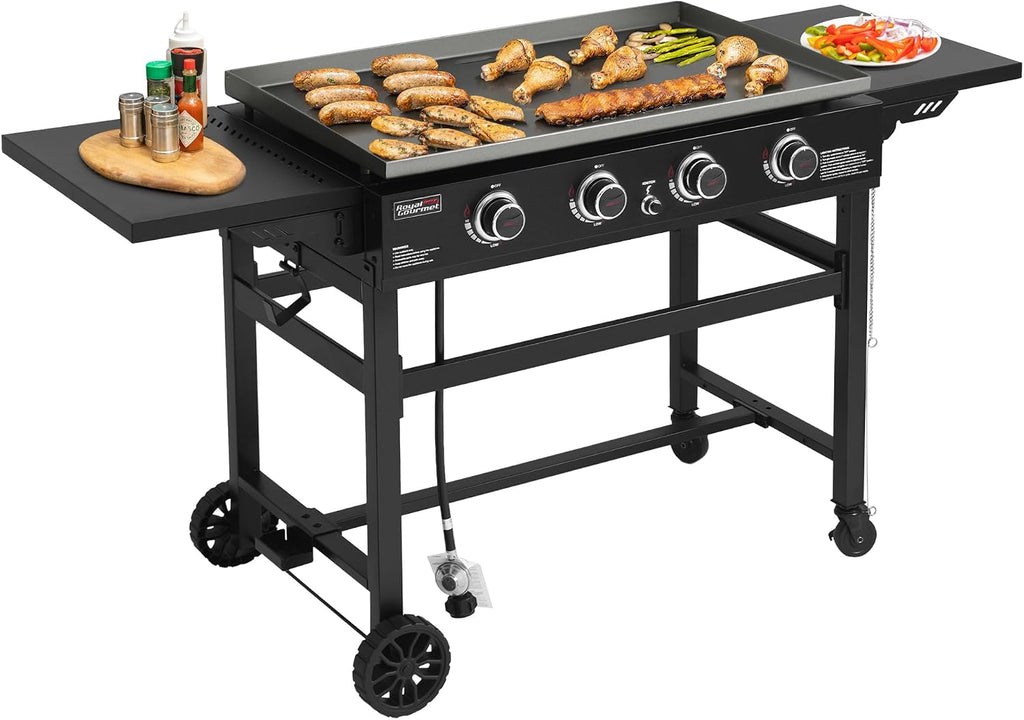 Royal Gourmet GB4001B 4 Burner Propane Gas Griddle with Foldable Side Tables, 35-Inch Flat Top Griddle with 52,000 BTUs Output for Outdoor Cooking like Camping or Tailgating, Black