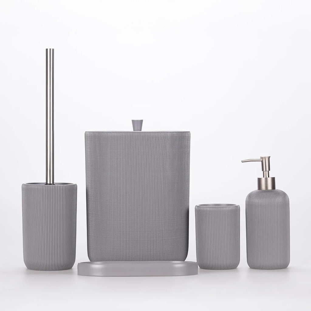 Lydia Collection 5-Piece Resin Bathroom Accessories Set – Toilet Brush Holder, Waste Bin, Soap Dispenser, Tray & Toothbrush Holder (Gray)