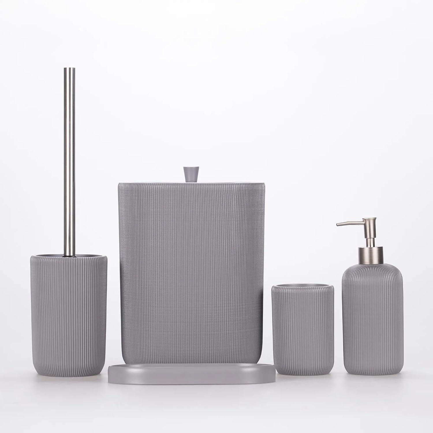 Lydia Collection 5-Piece Resin Bathroom Accessories Set – Toilet Brush Holder, Waste Bin, Soap Dispenser, Tray & Toothbrush Holder (Gray)