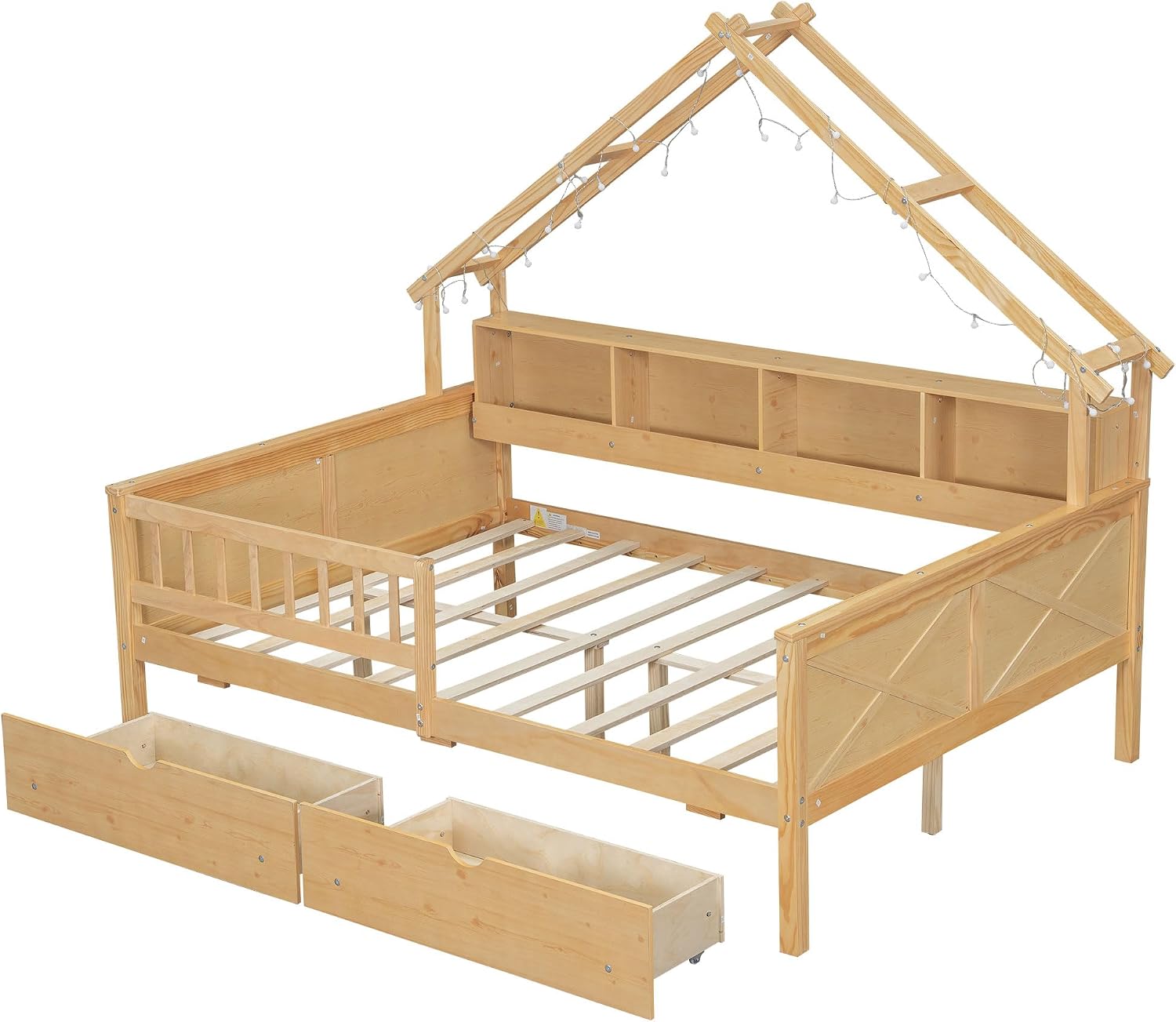 Bellemave Full House Platform Bed with Drawers Wood House Bed with Storage Shelves and LED Lights House Platform Bed Frame for Kids, Teens, Adults, No Spring Box Needed (Natural)