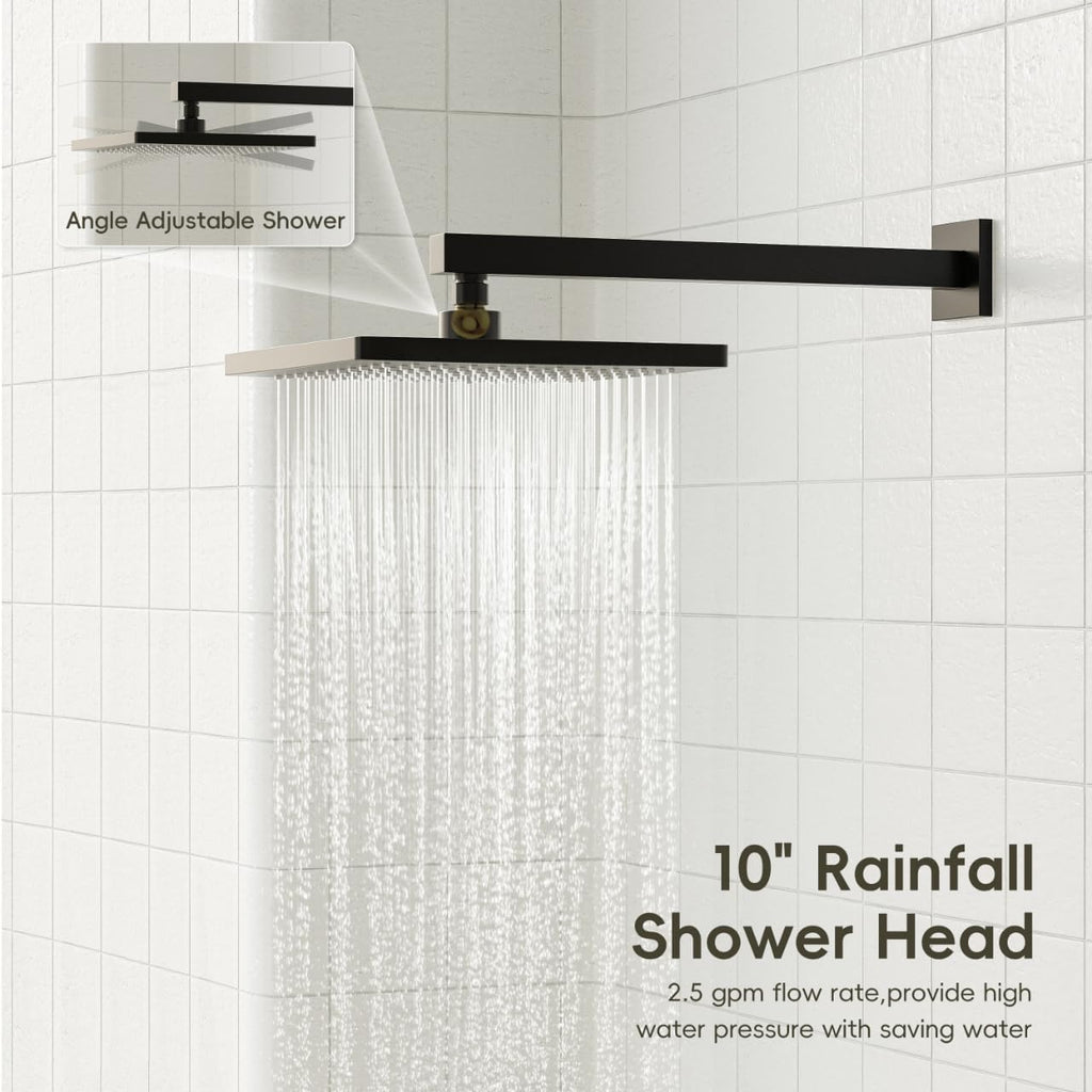 Gabrylly Shower System with Tub Spout, Wall Mounted Tub Shower Faucet Set for Bathroom with High Pressure 10' Rain Shower head and 3-Setting Handheld Shower Head Set,Matte Black