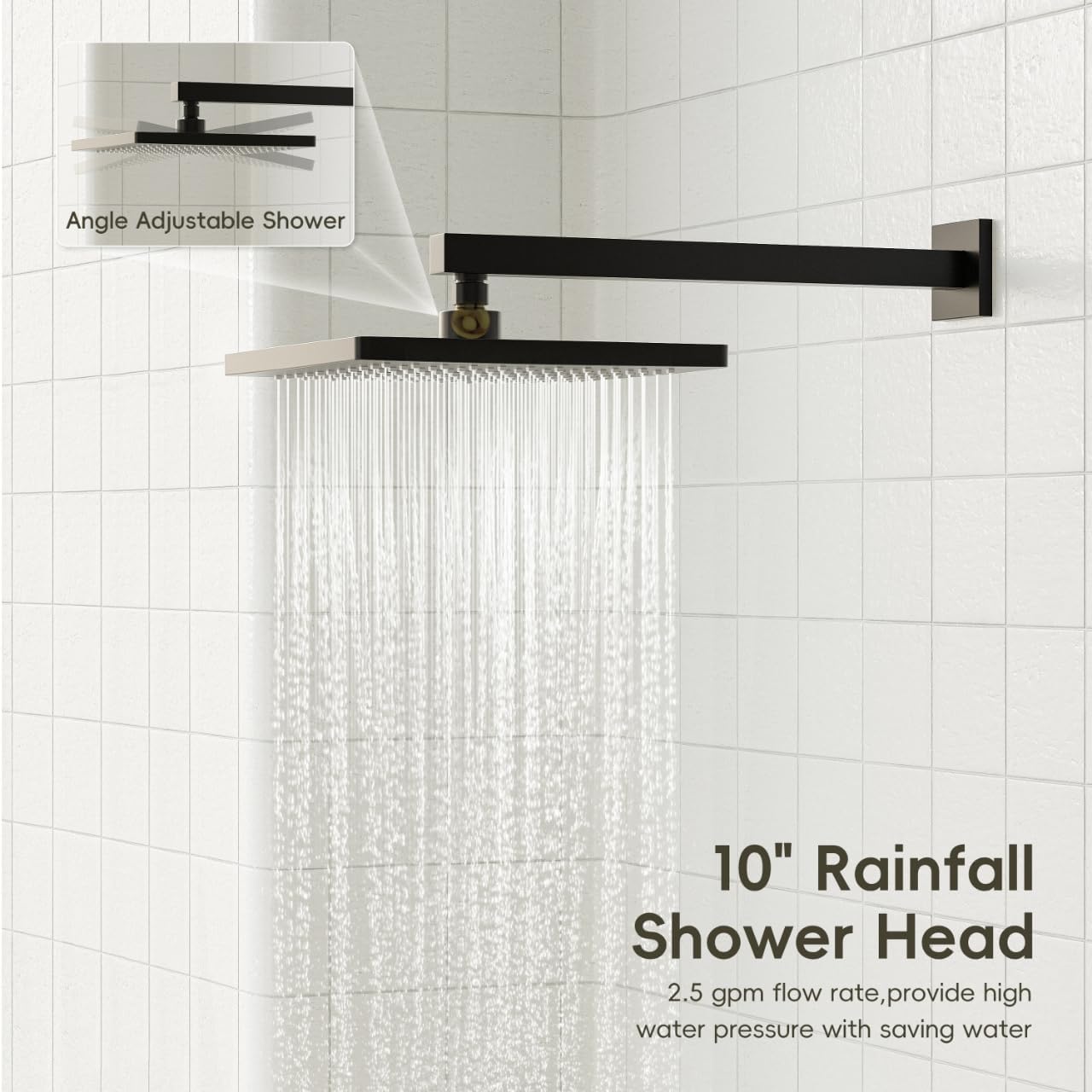 Gabrylly Shower System with Tub Spout, Wall Mounted Tub Shower Faucet Set for Bathroom with High Pressure 10' Rain Shower head and 3-Setting Handheld Shower Head Set,Matte Black