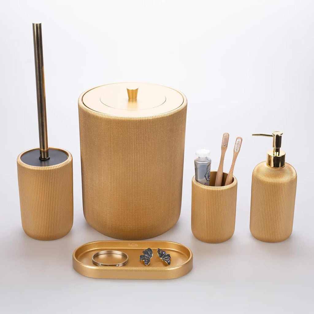 Lydia Collection 5-Piece Resin Bathroom Accessories Set – Toilet Brush Holder, Waste Bin, Soap Dispenser, Tray & Toothbrush Holder (Gold)