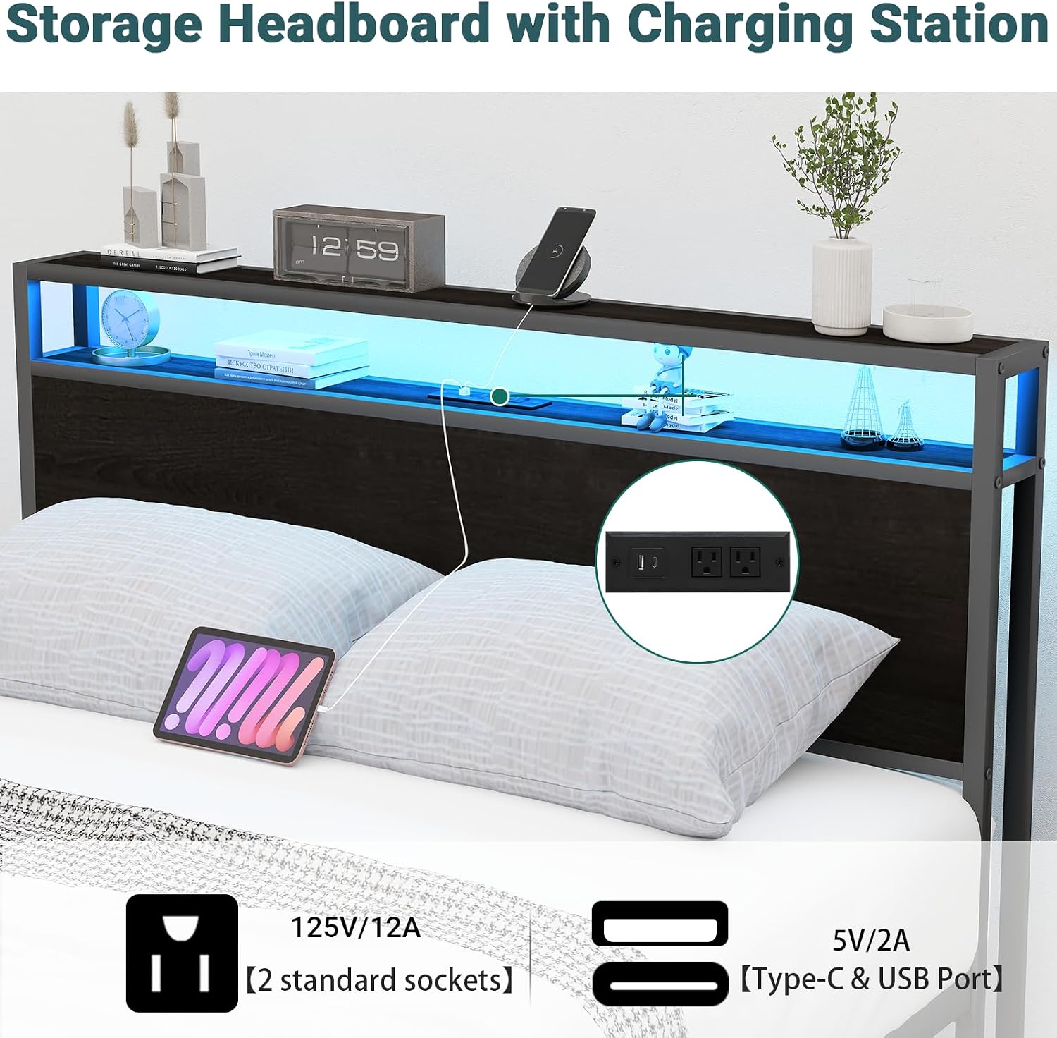 Zevemomo Full Bed Frame with 8 Storage Drawers, Full Metal Bed Frame with LED Light and Charging Station, Heavy Duty Metal Slats, No Box Spring Needed, Black