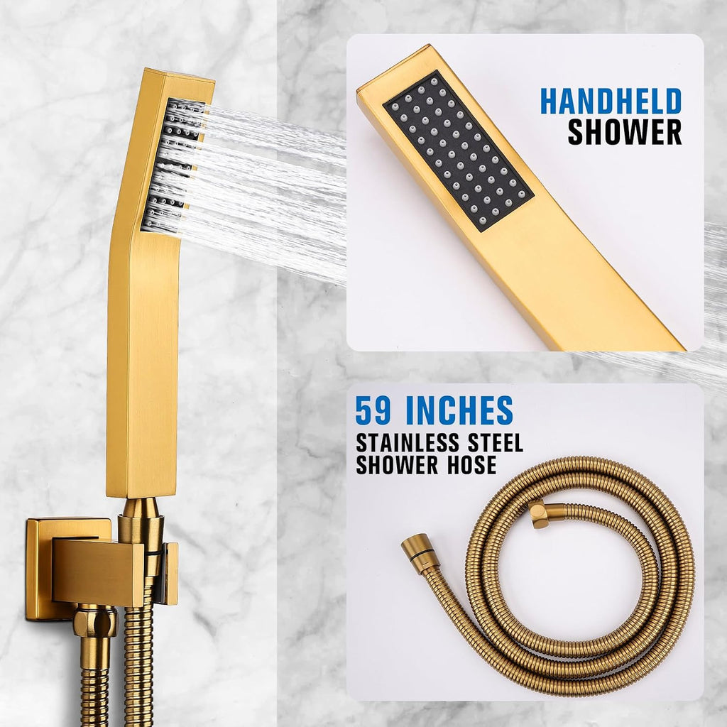 10 Inch Rainfall Shower System with Tub Spout - Wall Mounted Complete Combo with Solid Brass Pressure Balancing Valve, High Pressure Shower Head, Handle Set & Installation Accessories Brushed Gold