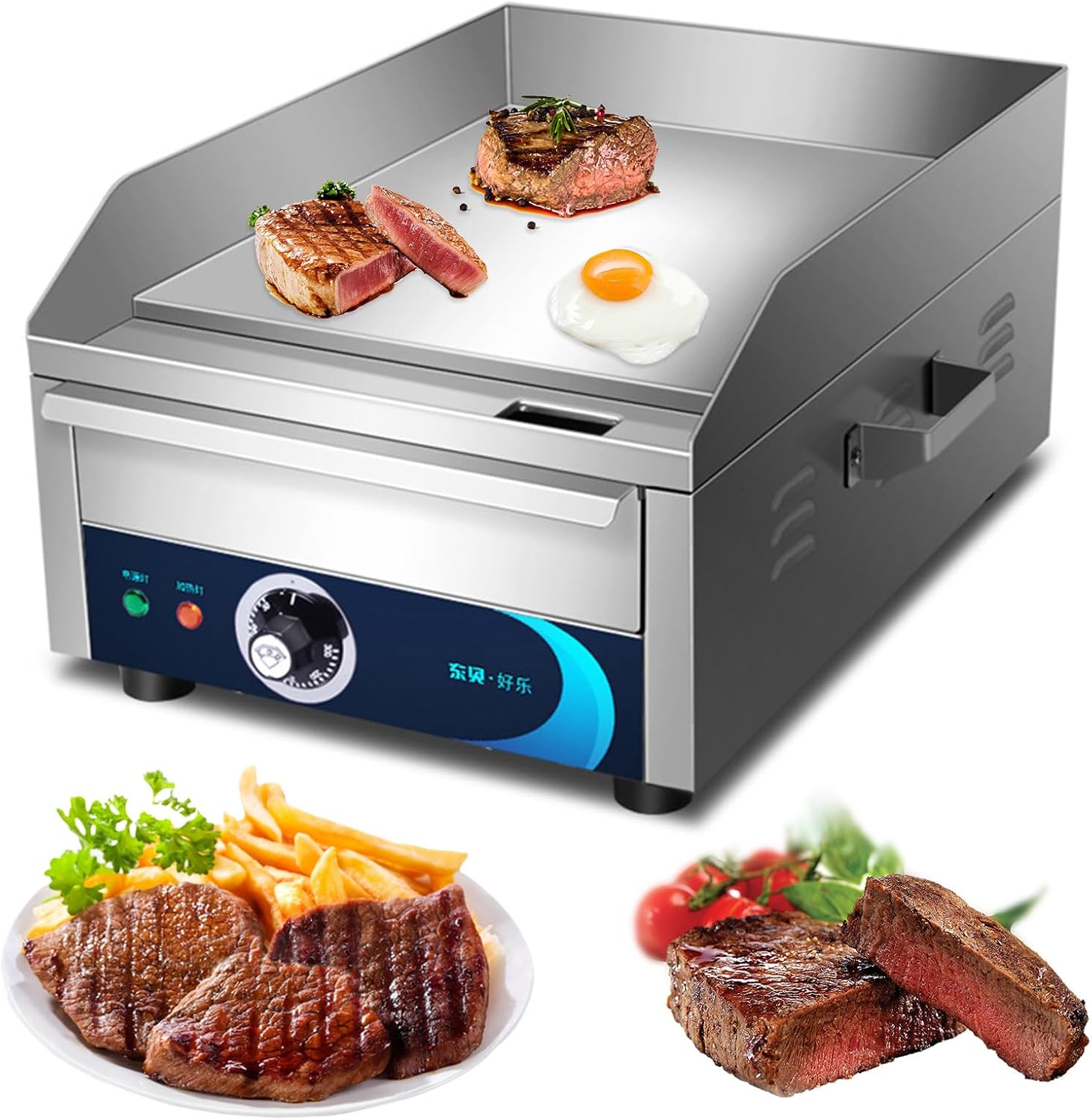 Commercial Electric Griddle, 14' 2200W Commercial Electric Countertop Non-Stick Flat Top Grill with Adjustable Temperature Control, Stainless Steel Griddle for Restaurant & Home