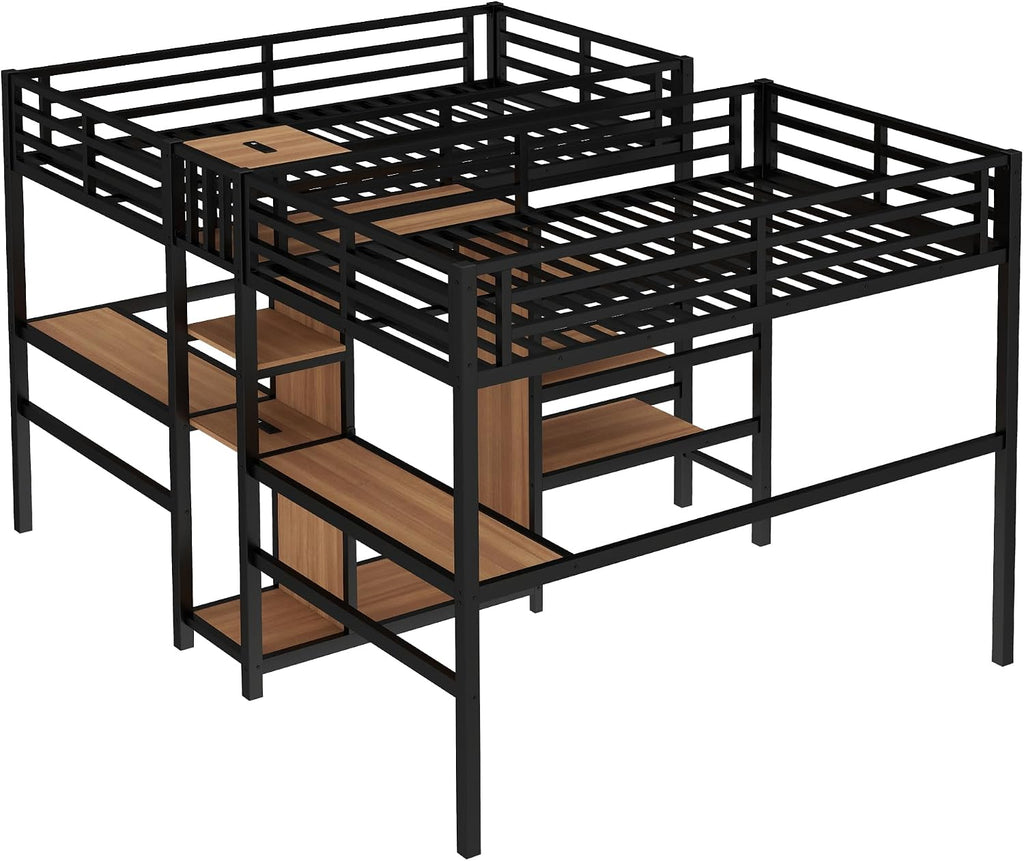Bellemave Twin Over Twin Metal Loft Bed with Desk and Wardrobe for 2 Kids,Twin Size Heavy Duty Double Loft Bed Frame with Charging Station and Shelves for Boys,Girls,Adults,Woodgrain