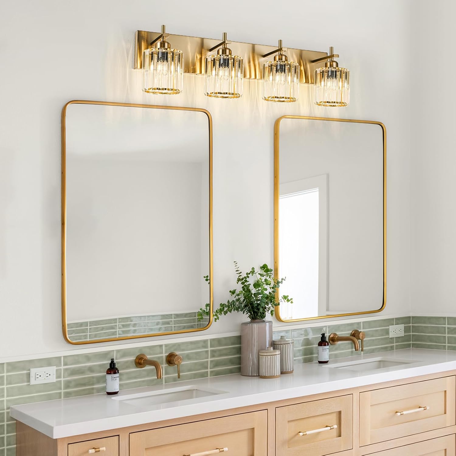 Modern Crystal Bathroom Vanity Lights, Gold 4-Lights Bathroom Light Fixtures Over Mirror, Crystal Wall Lighting with Polished Gold Finish