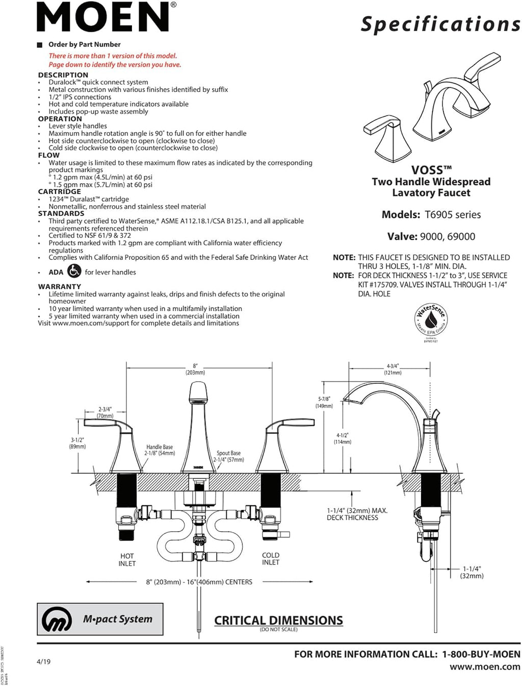 Moen Voss Chrome Two-Handle Adjustable Widespread Bathroom Faucet Trim Kit, Valve Required, T6905