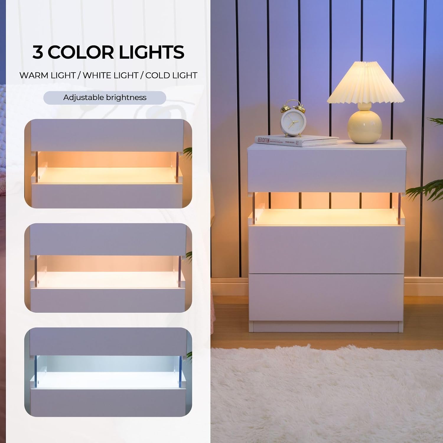 i-aplus White LED Nightstand Set of 2,Night Stand Set 2,Modern Night Stand with 3 Drawers,Night Stands for Bedroom Set of 2,Bedside Table Suitable for Small Spaces and Indoor use Capabilities