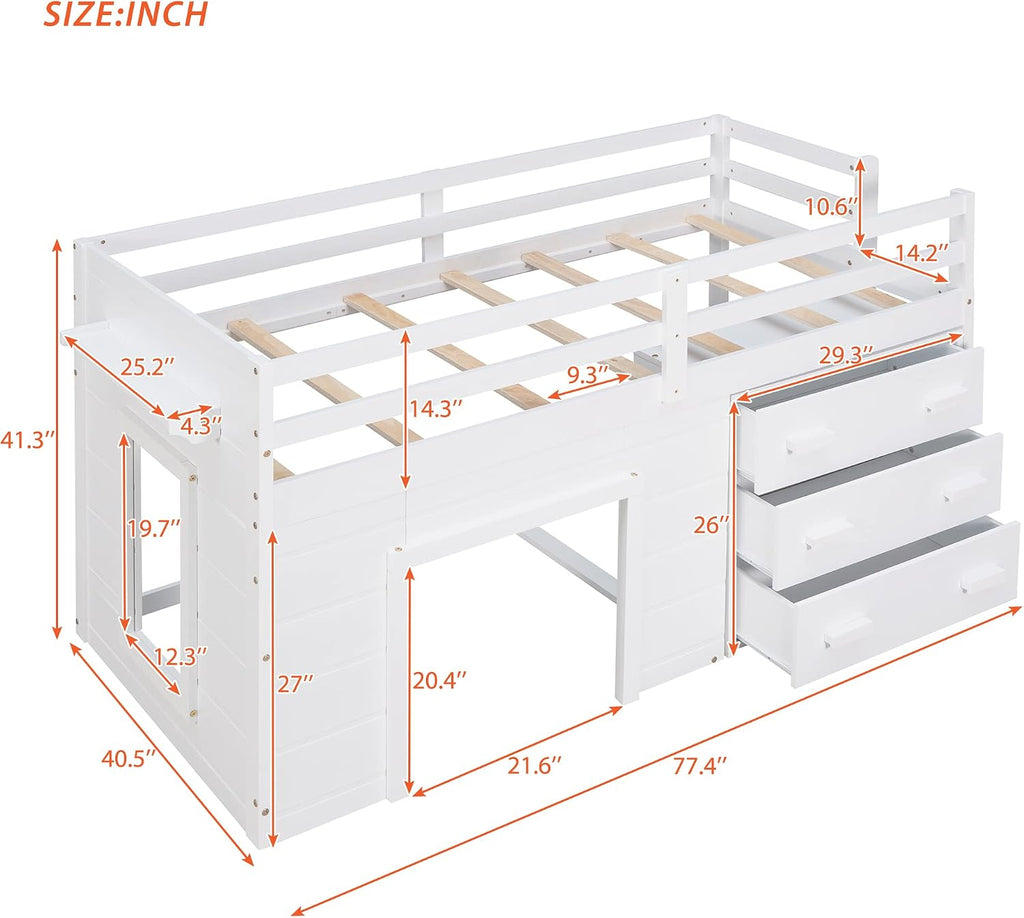 Ball & Cast Twin Size Low Loft Bed with Safety Guardrail & Stair,Wooden Bedframe W/Cabinet & Shelf,Solid Construction,No Spring Box Needed,Furniture Set for Boys Girls Keens Study Bedroom,White