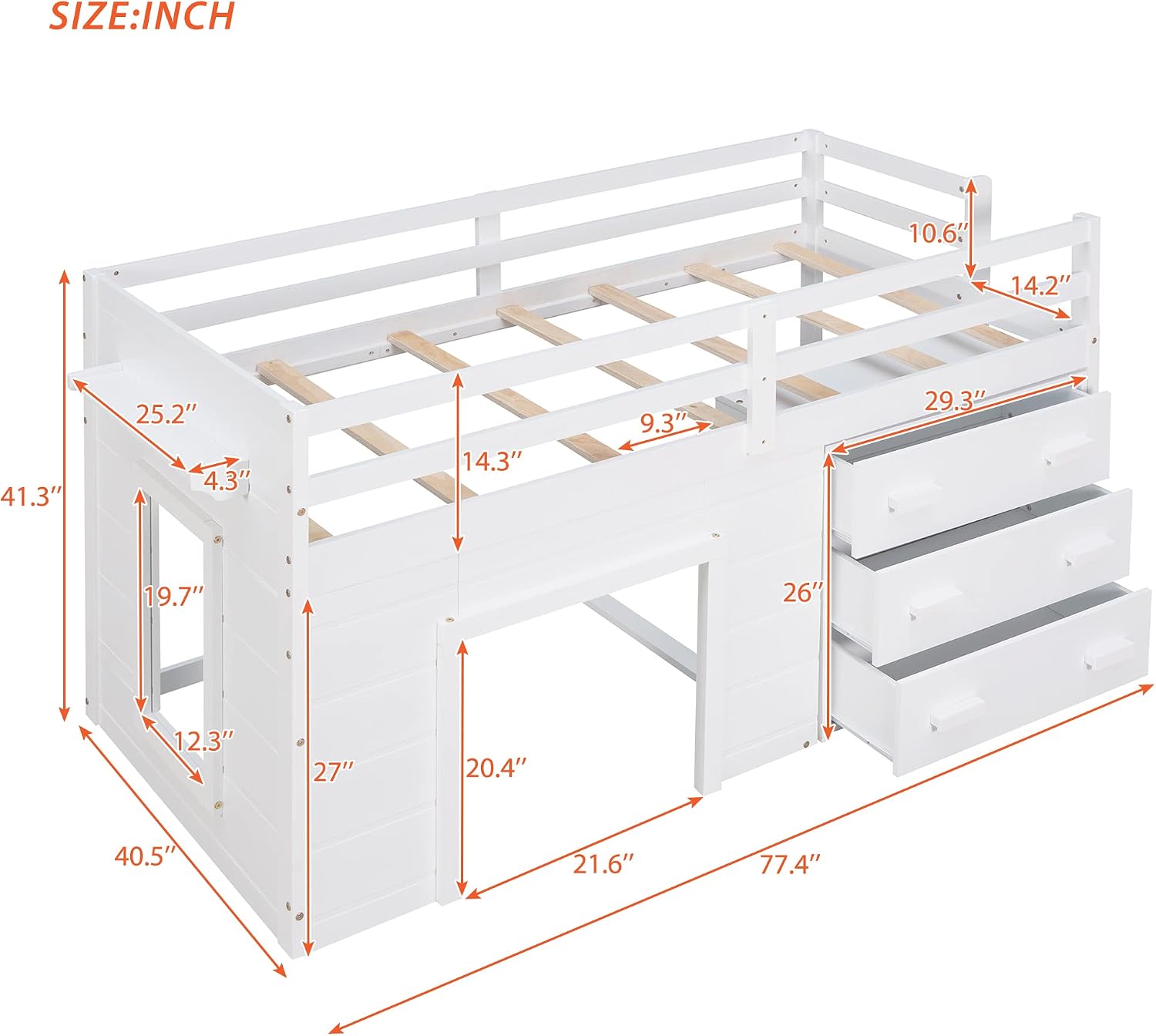 Ball & Cast Twin Size Low Loft Bed with Safety Guardrail & Stair,Wooden Bedframe W/Cabinet & Shelf,Solid Construction,No Spring Box Needed,Furniture Set for Boys Girls Keens Study Bedroom,White
