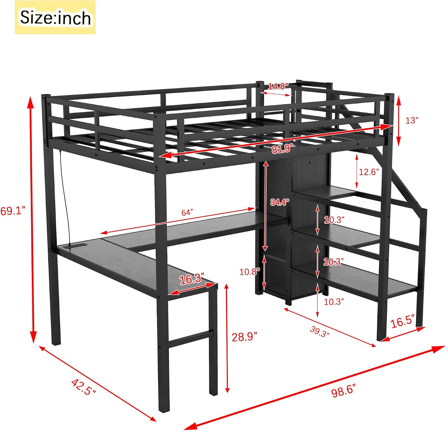Ball & Cast Twin XL Size High Loft Bed with LED Light Strip & USB,Metal Bedframe W/L-Shape Desk & Built-in Storage Staircase,Wardrobe & Adjustable Shelf,Bedroom Furniture Set for Kid Teen Adult,Black