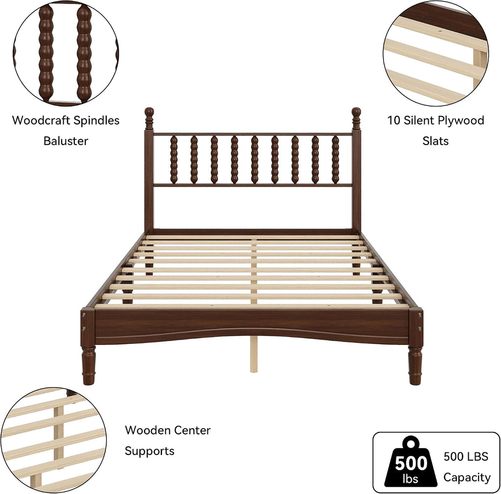 Walnut Wood Bed Frame Full Size with Spindle Headboard, Full Platform Bed with Wooden Slat Support, Retro Style Spindle Beds for Boys Girls Kids Adults Toddler, Easy Assembly