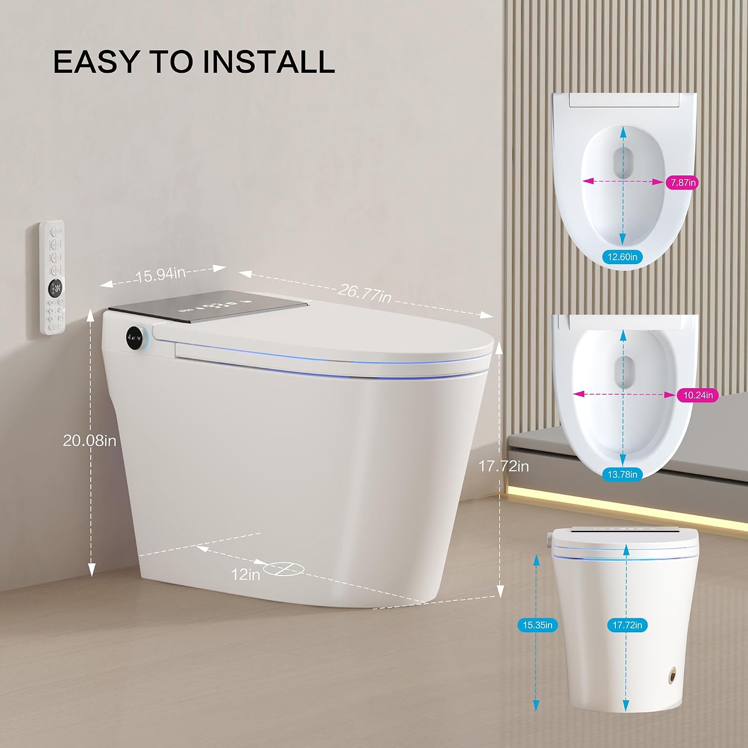 Smart Toilet with Bidet Built-In – Heated Seat, Dual Auto Flush, Tankless Design, Foot Sensor, Warm Water & Dry Function, Modern Elongated Electric, LED Display, 1000g MAP Flush, 1.28 GPF