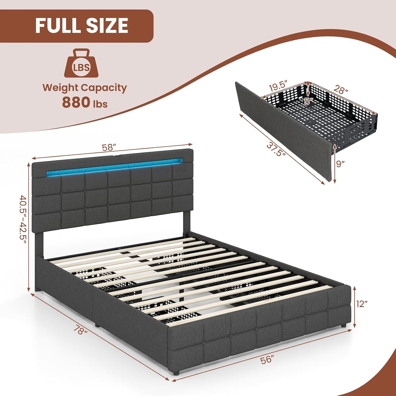 Giantex Full Bed Frame with LED Lights and 4 Drawers, Upholstered Platform Bed Frame with USB Ports, Tufted Adjustable Headboard Design, Solid Wooden Slat Support, No Box Spring Needed, Grey