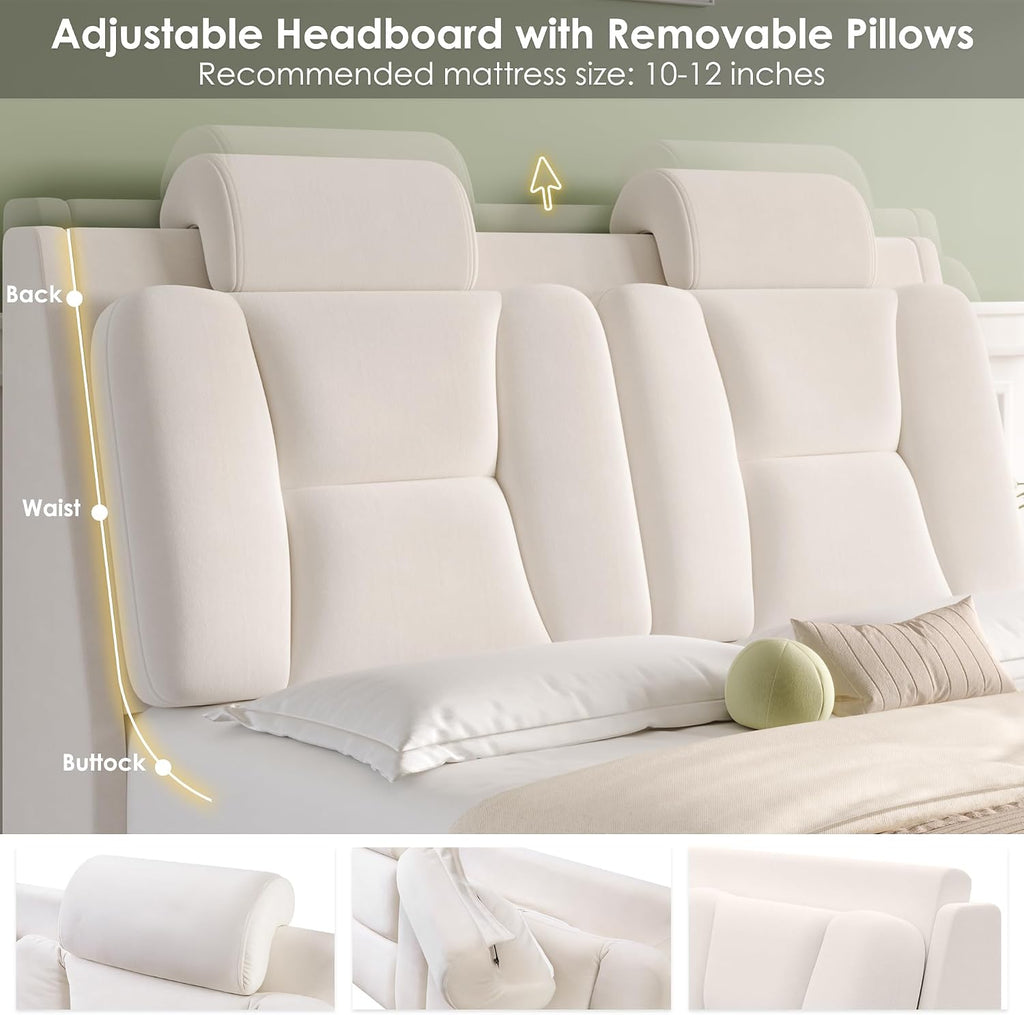 Keyluv Queen Led Car Bed Frame with Wheels Decor & Adjustable Curved Headboard Modern Upholstered Platform Bed with Detachable Pillows Solid Wooden Slats Support No Box Spring Needed, Velvet Beige