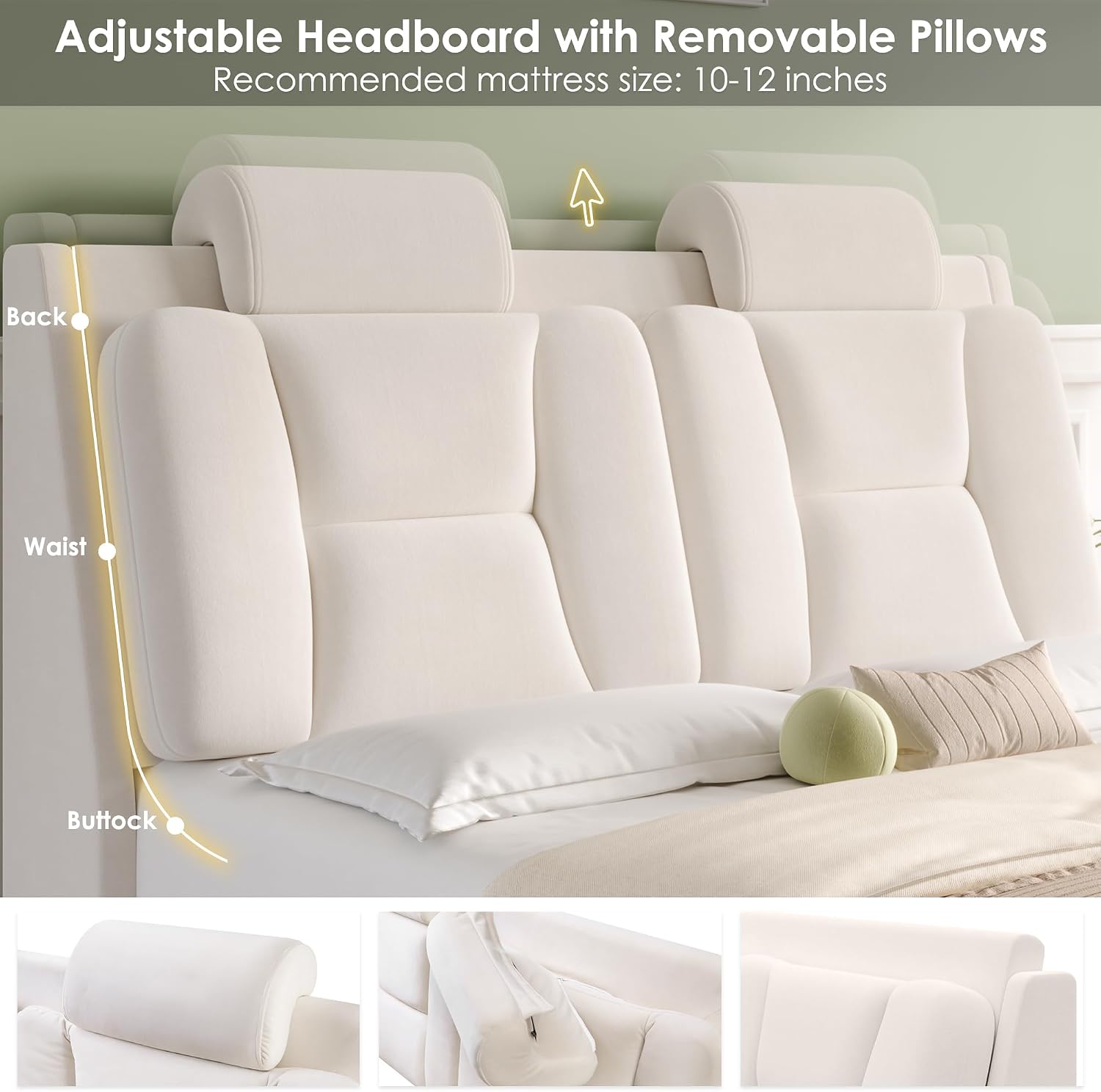 Keyluv Queen Led Car Bed Frame with Wheels Decor & Adjustable Curved Headboard Modern Upholstered Platform Bed with Detachable Pillows Solid Wooden Slats Support No Box Spring Needed, Velvet Beige