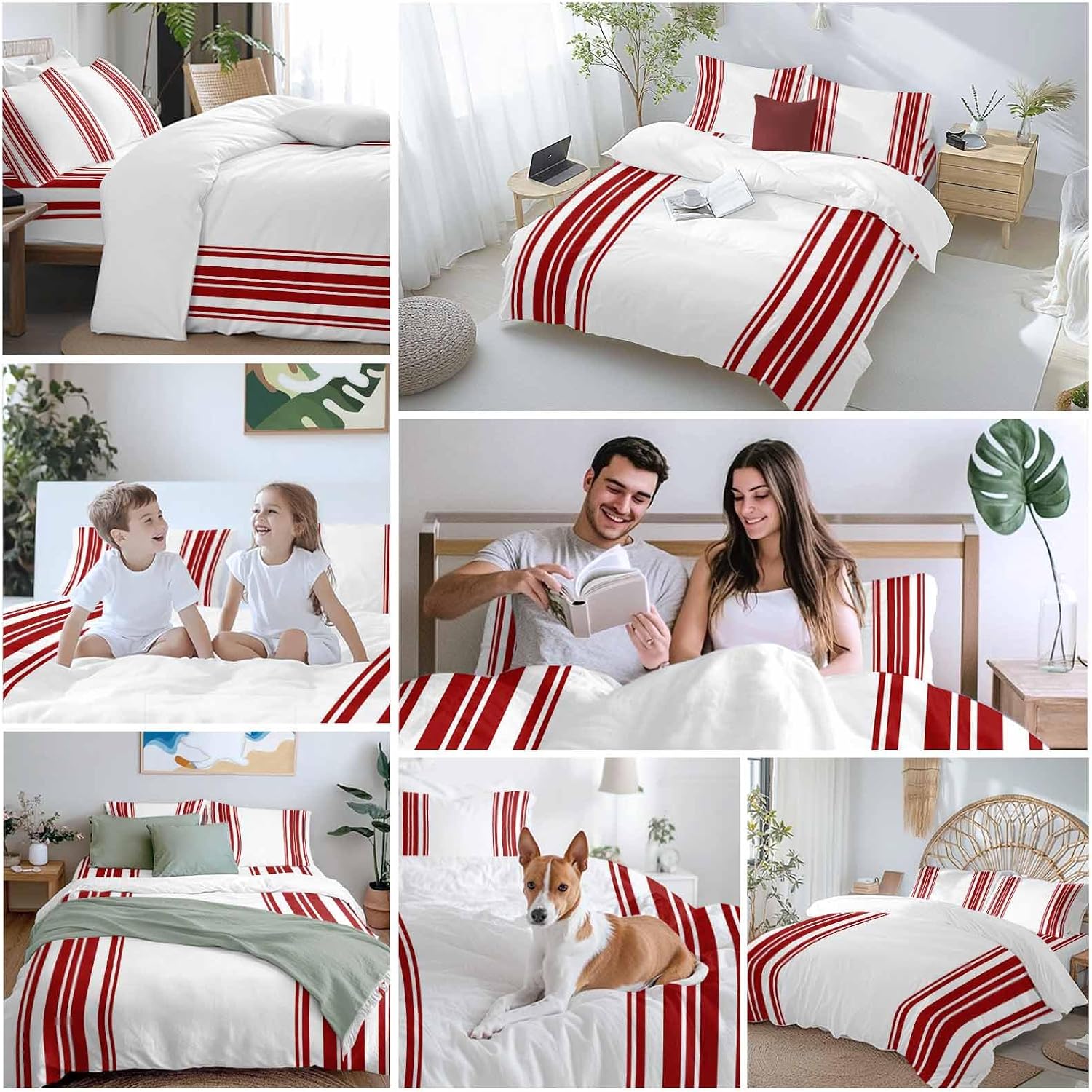 Dark Red and White Striped Duvet Cover Set Queen Size 4 Pieces Modern Minimalist Vertical Lines Bedding Set with Zipper Closure, 1 Comforter Cover 92x106 Inches 1 Flat Sheet & 2 Pillow Cases