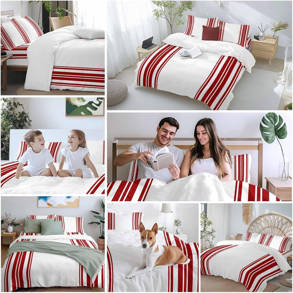 Dark Red and White Striped Duvet Cover Set Queen Size 4 Pieces Modern Minimalist Vertical Lines Bedding Set with Zipper Closure, 1 Comforter Cover 86x86 Inches 1 Flat Sheet & 2 Pillow Cases