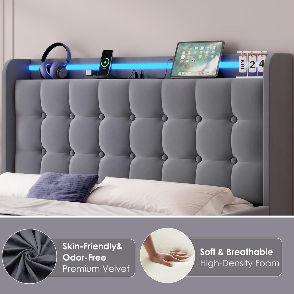Keyluv Full Car Bed Frame with LED Lights and Charging Station, Upholstered Platform Bed with Button Tufted Headboard and Wheels, No Box Spring Needed, Noise-Free, Easy Assembly, Velvet Grey