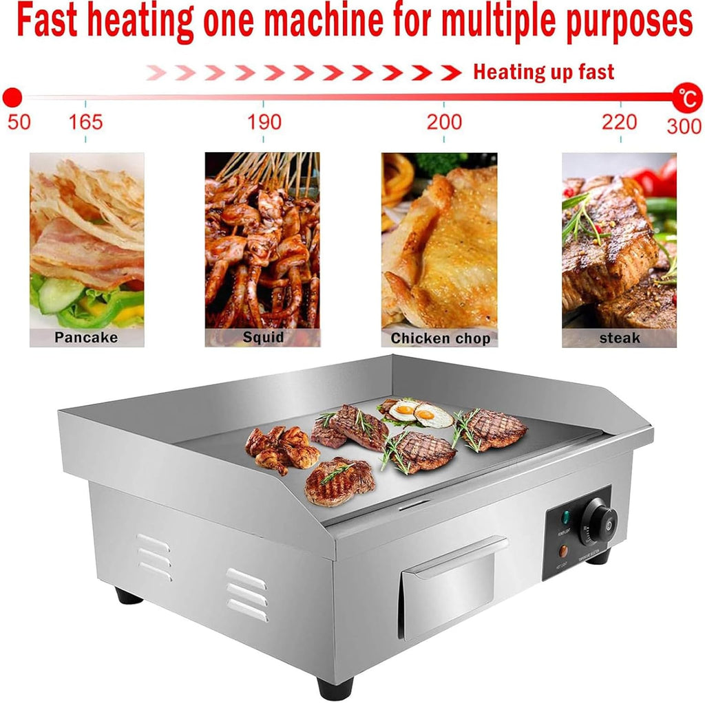 220V 3000W 21' Commercial Electric Countertop Griddle Flat Top Grill Hot Plate BBQ Adjustable Thermostatic Control 122°F-572°F Stainless Steel Restaurant Grill for Kitche