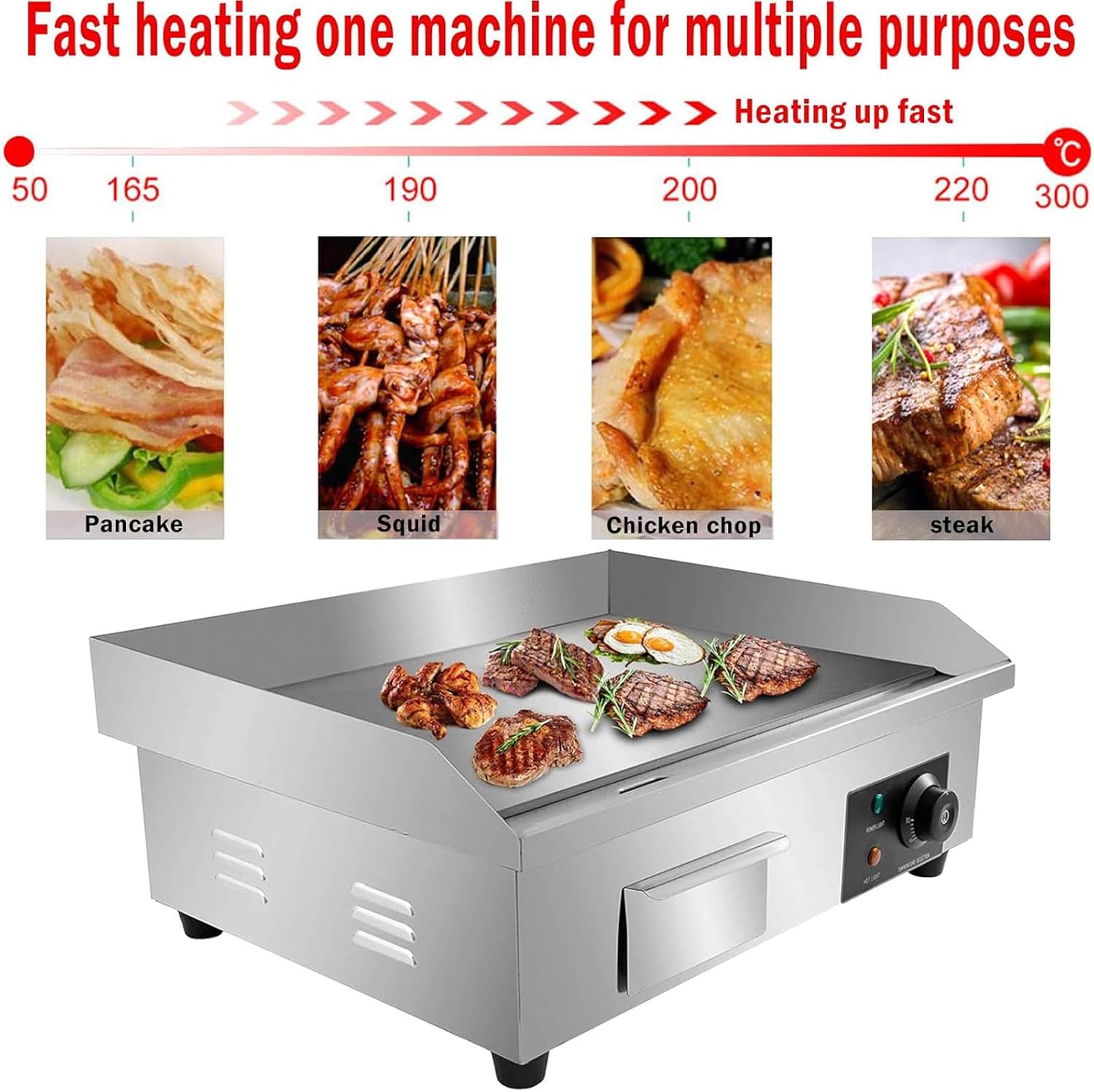 220V 3000W 21' Commercial Electric Countertop Griddle Flat Top Grill Hot Plate BBQ Adjustable Thermostatic Control 122°F-572°F Stainless Steel Restaurant Grill for Kitche