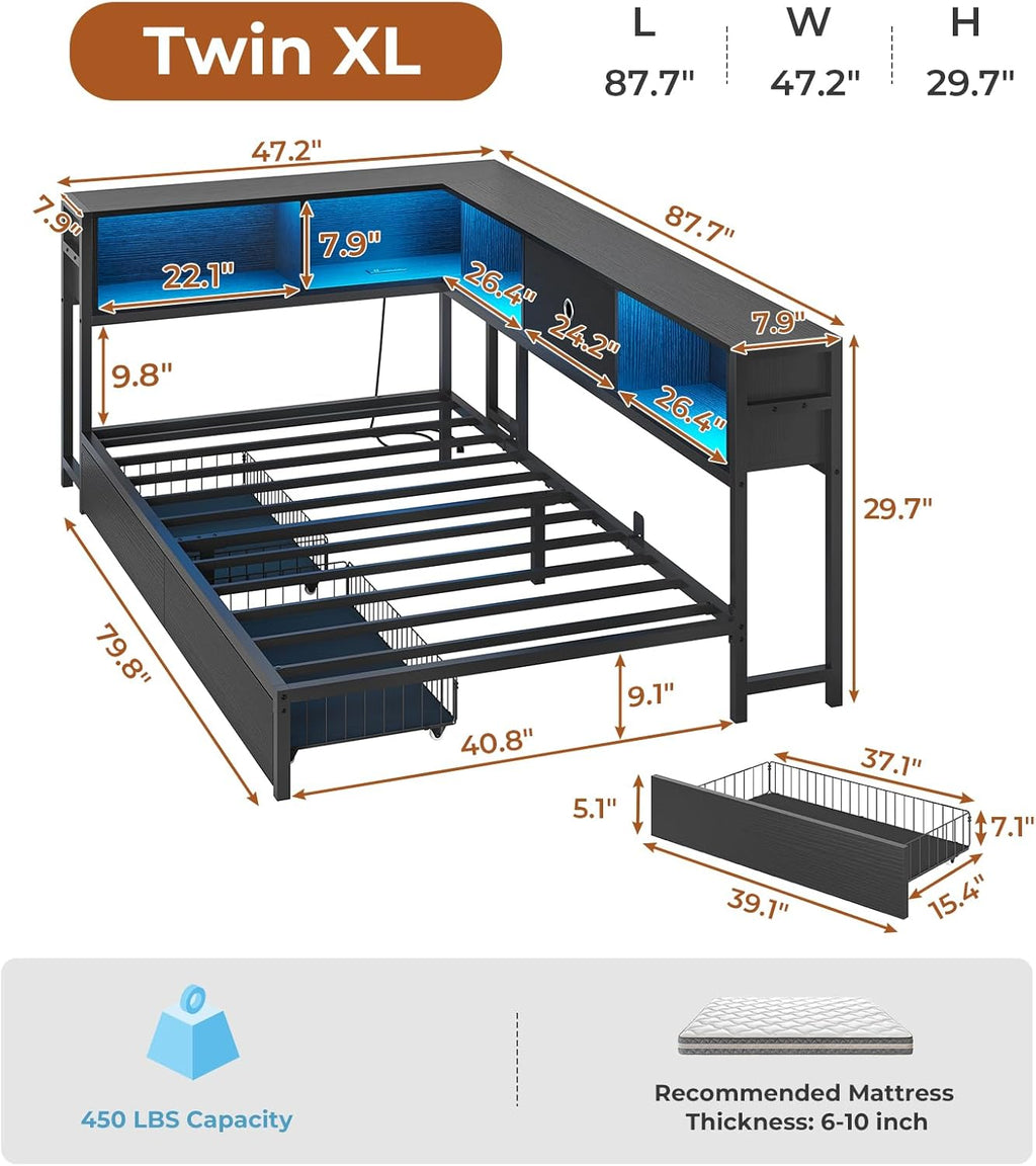 DICTAC Corner Bed Frame Twin XL with Storage Bookcase Headboard and Charging Station Metal Platform Bed Frame with 2 Storage Drawers and Led Lights Twin XL Daybed for Kids and Teen,Oak Gray