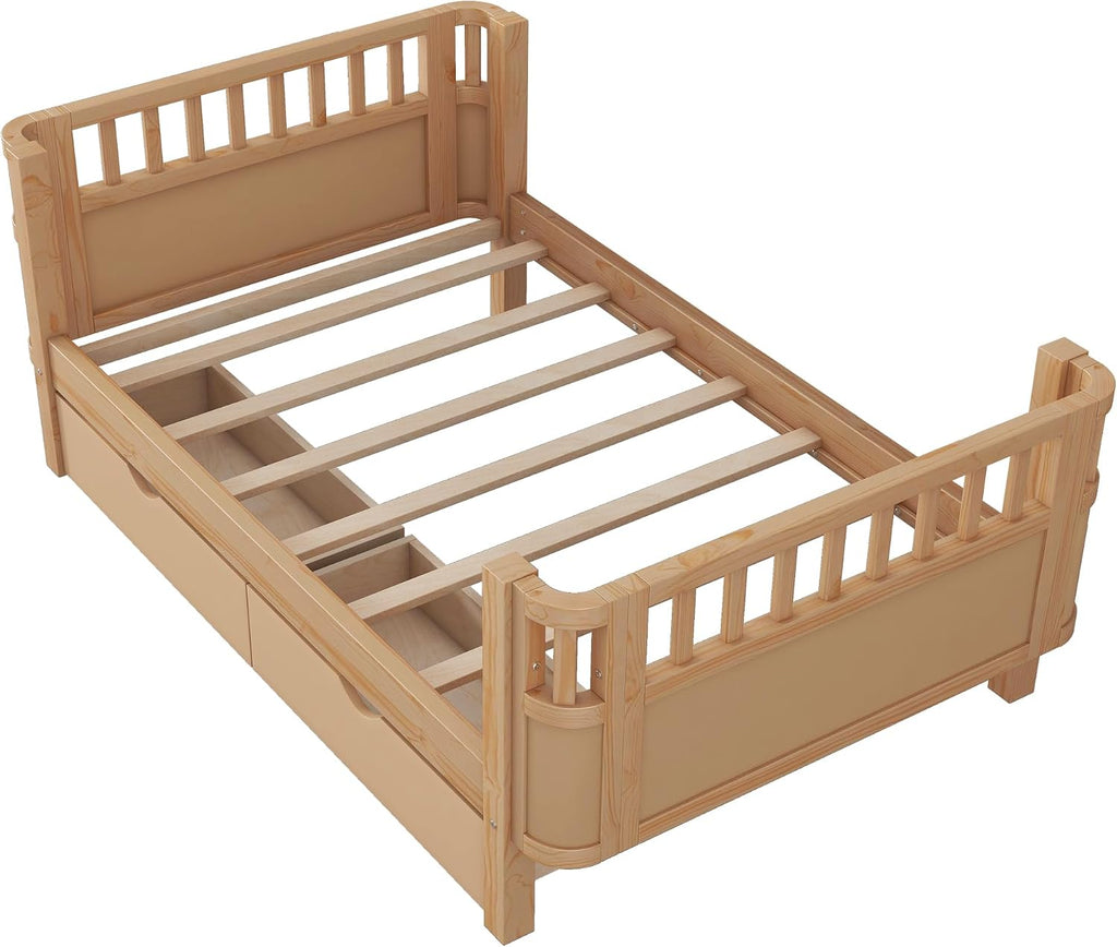 Harper & Bright Designs Twin Size Low Platform Bed Frame, Daybed with Fence and Drawers, Low Profile Bed for Kids Bed Room, Natural