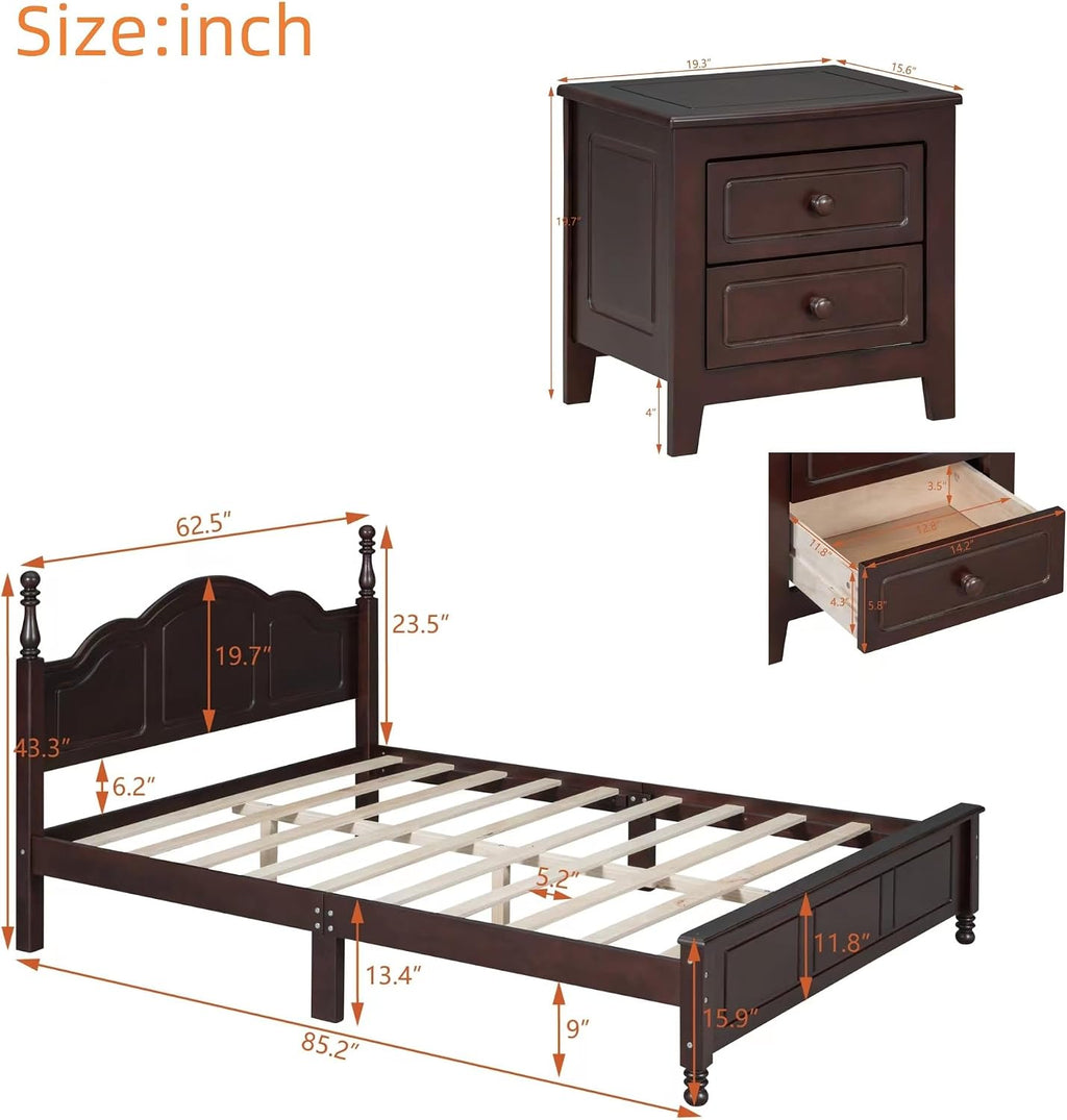 Harper & Bright Designs 3-Piece Queen Bedroom Set, Retro Style Wooden Bedroom Furniture Set with Queen Size Bed Frame and Two Nightstands for Kids Teens Adults Bedroom, Dark Walnut