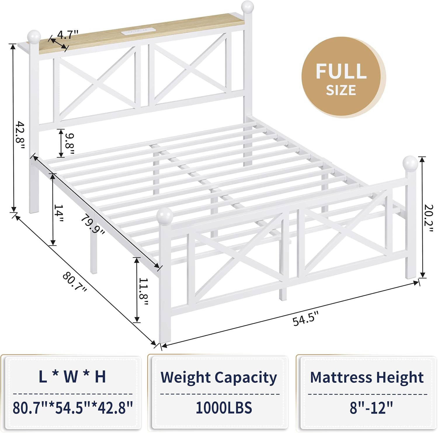 ChicZhiNest Full Size Bed Frame with Charging Station and LED Lights, Metal Platform Bed with Wood Headboard and Storage Shelf, Underbed Storage, No Box Spring Needed, White