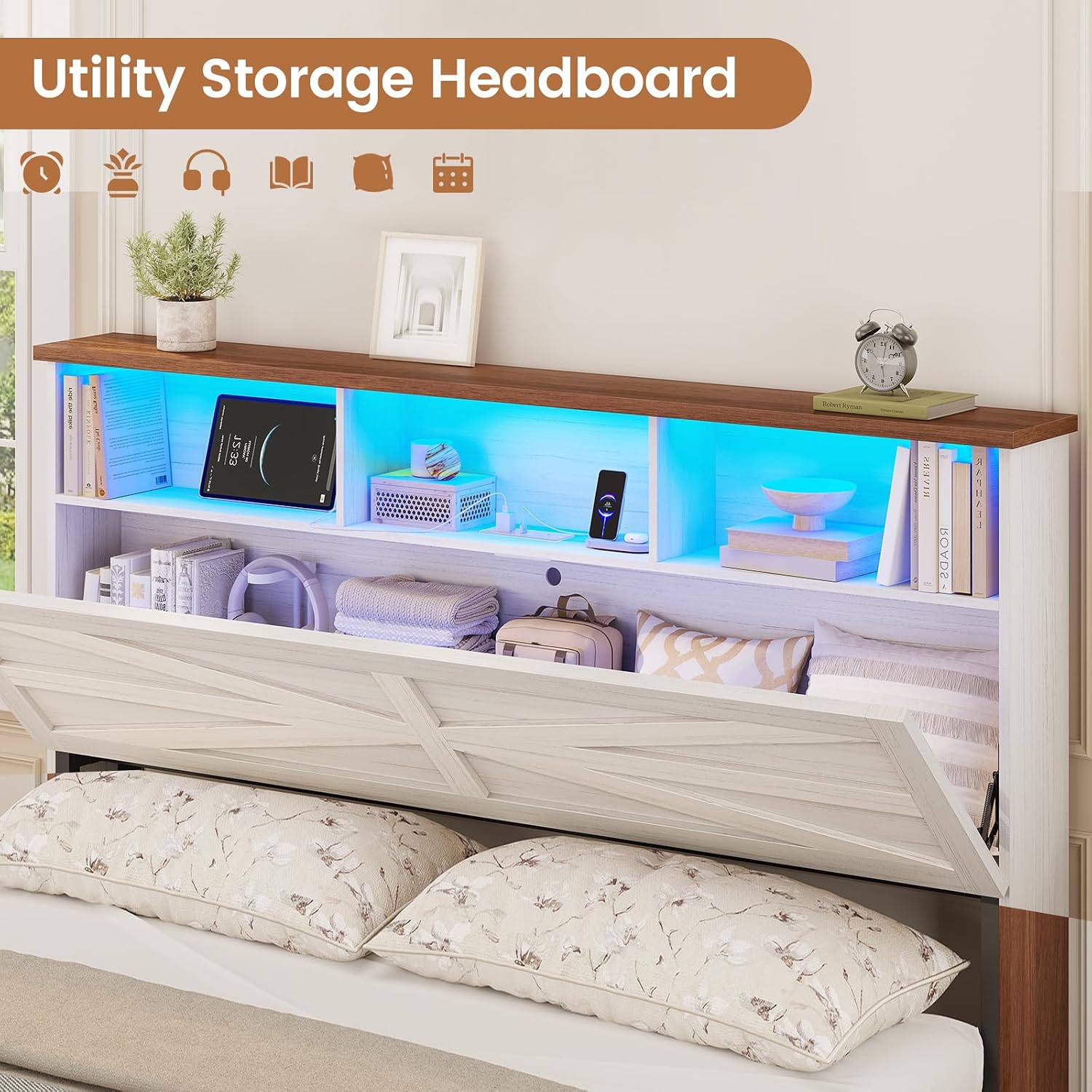 VIAGDO Full Size Bed Frame with 6 Drawers, Farmhouse Bed Frame with Barn Door Headboard and Storage, Wood Platform Bed Frame Full Size with Charging Station and LED Lights, No Box Spring Needed, White