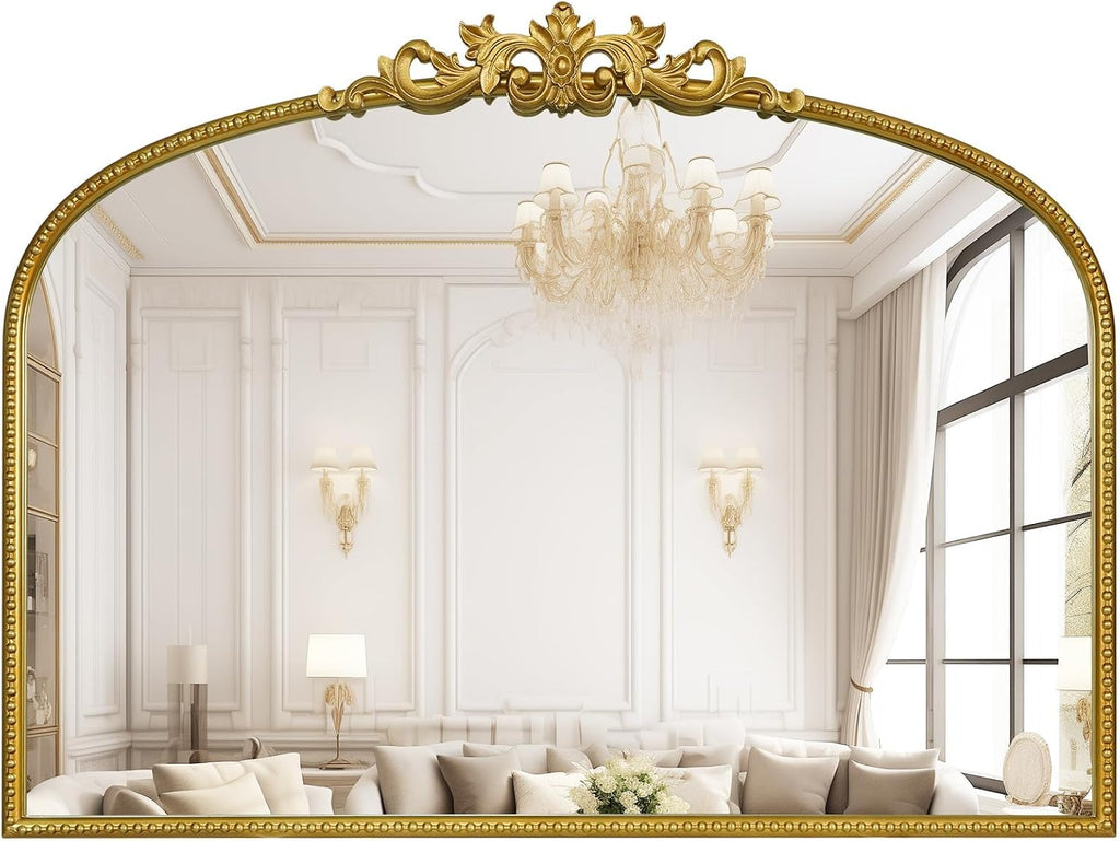 WallBeyond Gold Vintage Mirror for Vanity 32x24 Inch, Gold Antique Mirror with Ornate Frame, Arched Vintage Wall for Bathroom, Living Room, Fireplace, Entryway