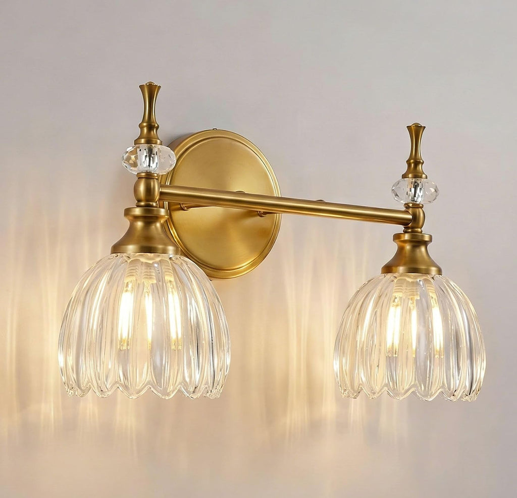 ANDY STAR Transitional 2-Light Bathroom Vanity Light, Brushed Gold Wall Sconce, Tulip Ribbed Glass with Crystal Accent, Reversible Mounting