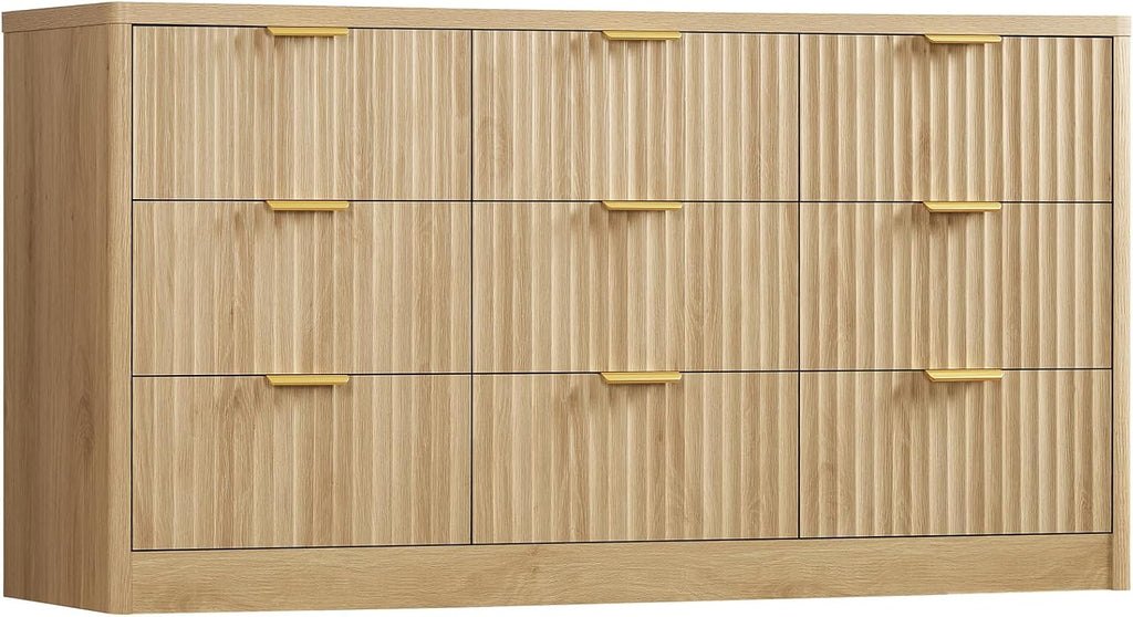 TEENFON 63' Dresser for Bedroom with 9 Drawers, Modern Dressers & Chest of Drawers with Metal Handles, Fluted Dresser, Wood Closet Clothes Storage Organizer for Living Room, Hallway, Natural
