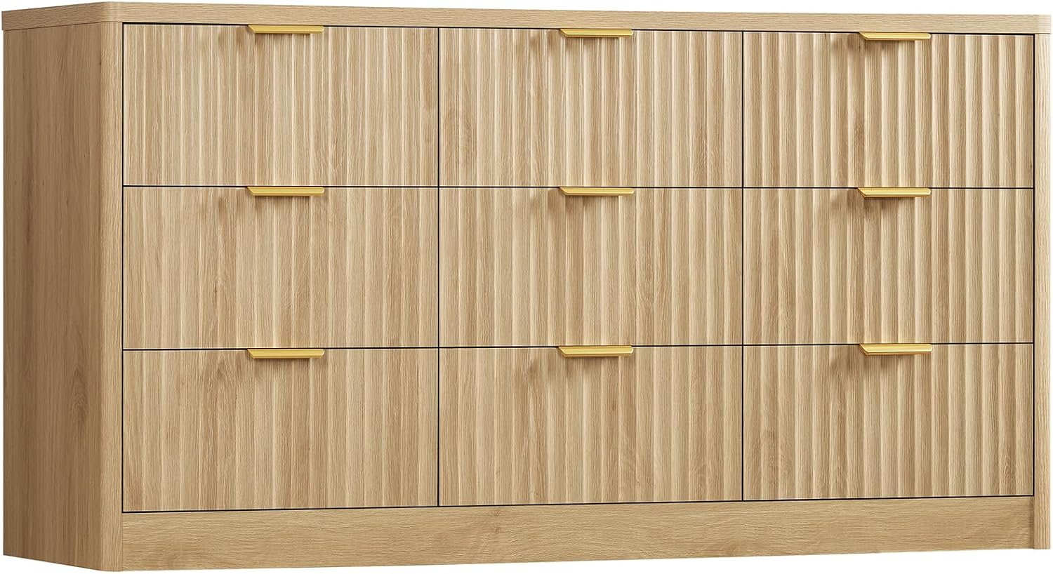 TEENFON 63' Dresser for Bedroom with 9 Drawers, Modern Dressers & Chest of Drawers with Metal Handles, Fluted Dresser, Wood Closet Clothes Storage Organizer for Living Room, Hallway, Natural