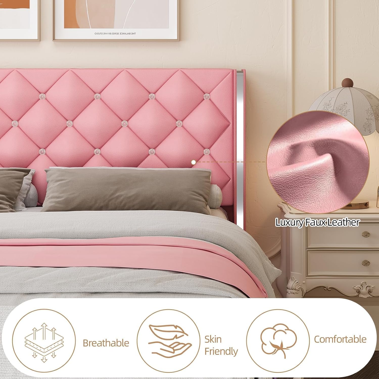 Queen Bed Frame with Headboard, Upholstered Queen Size Bed Frame with Diamond Tufted Wingback Headboard, Faux Leather, 800lbs Heavy Duty Support, Sliver Metal Edge Accents, No Box Spring Needed, Pink