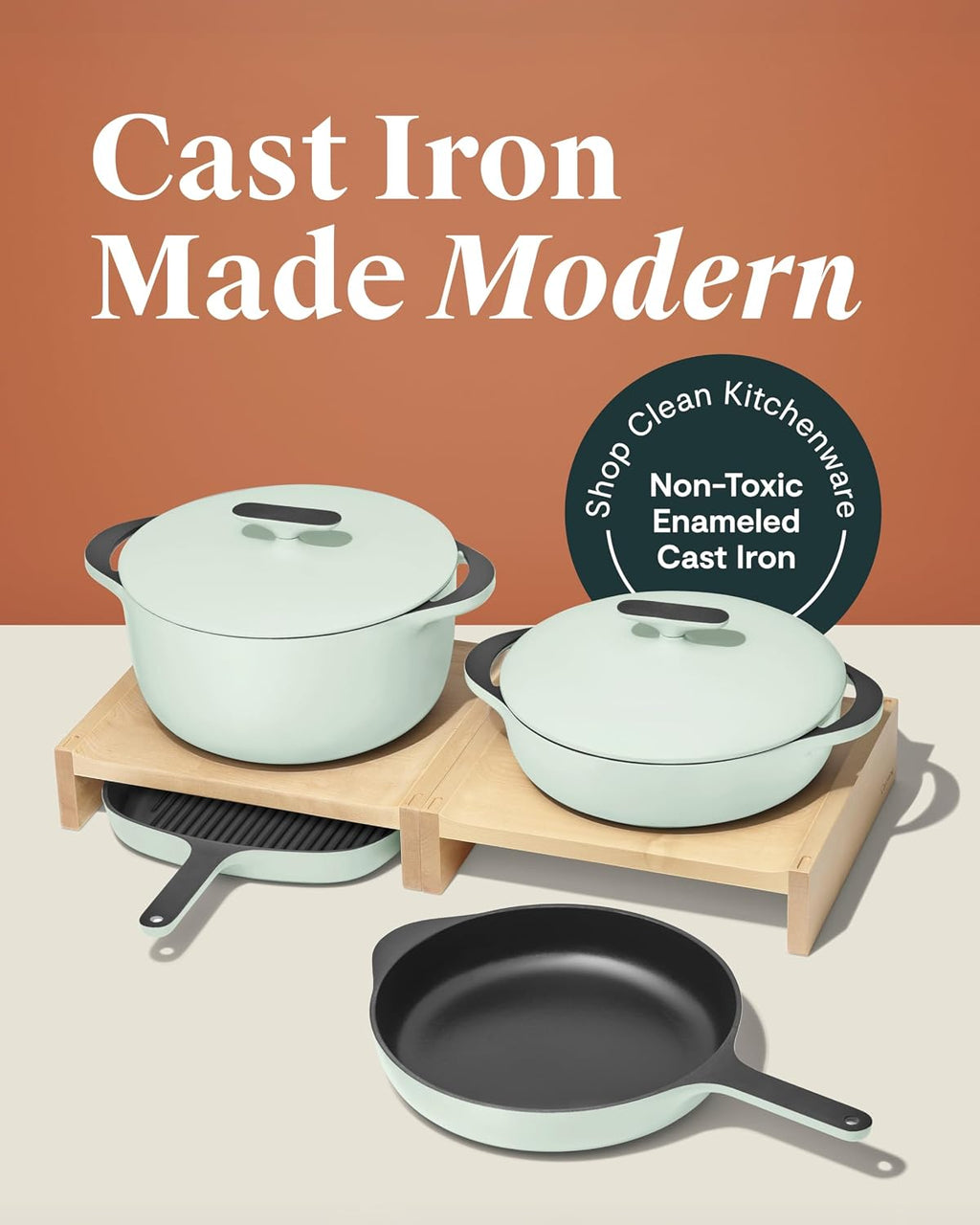 Caraway 8-Piece Enameled Cast Iron Set - 10.5' Skillet, Grill Pan, 3.5 qt Braiser Pan, 6.5 qt Dutch Oven with Lid and Organizers - Non-Toxic 3-Layer Enamel Coating - No Seasoning Required - Light Mist