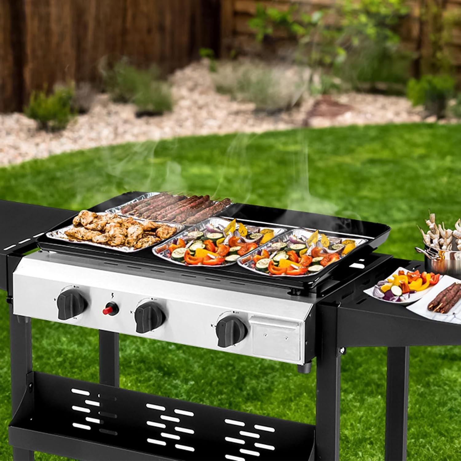 3-Burner Flat Top Gas Griddle Cooking Station with Ceramic Coated Cast Iron Pan, 30,000 BTU Propane Fuelled Griddle Station with Side Shelves & Spice Rack for Outdoor Barbecue Backyard Cookout