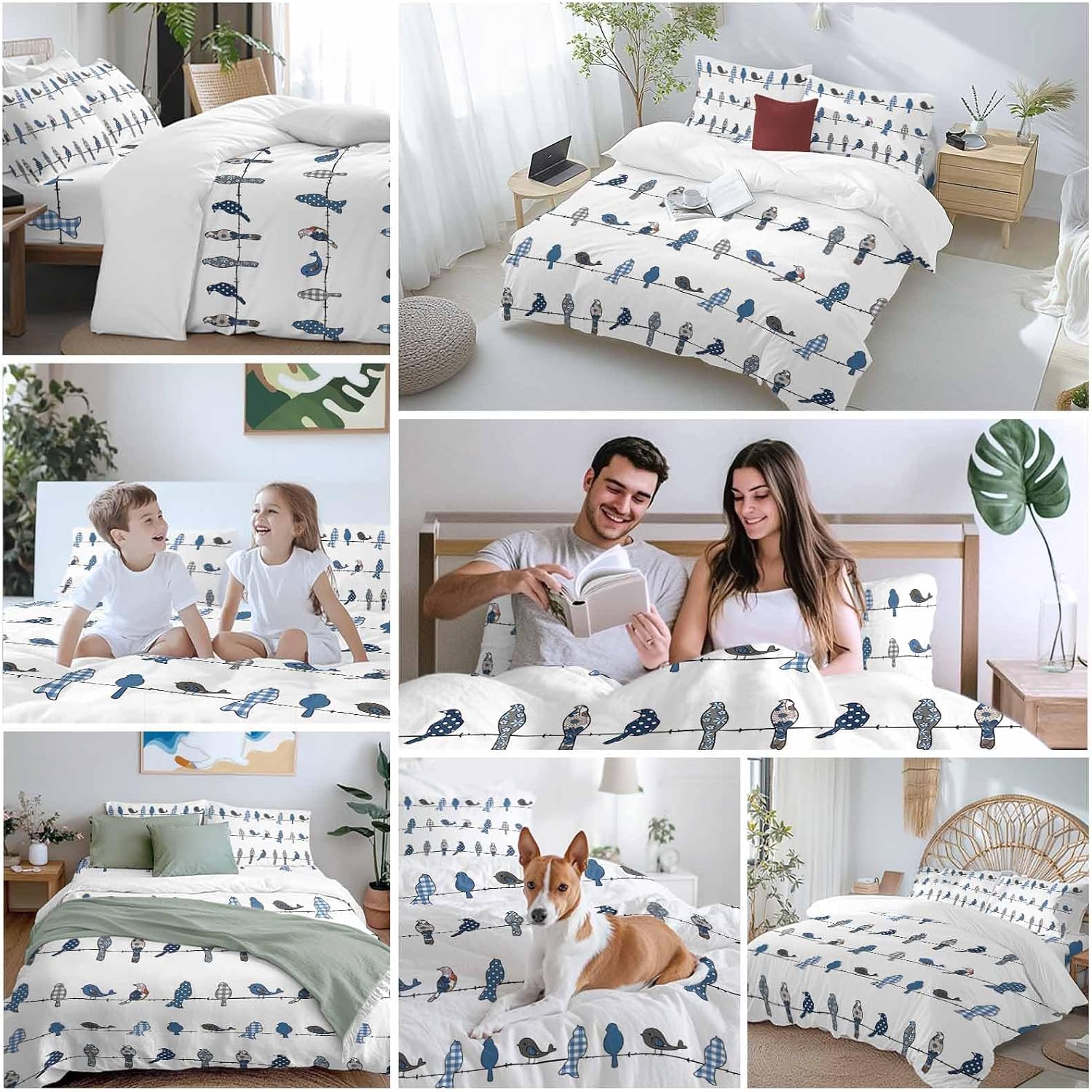 Prime Leader Birds on the Wire Blue Grey Duvet Cover Set Queen Size 4 Pieces Bedding Set with Zipper Closure, 1 Comforter Cover 86x86 Inches 1 Flat Sheet & 2 Pillow Cases
