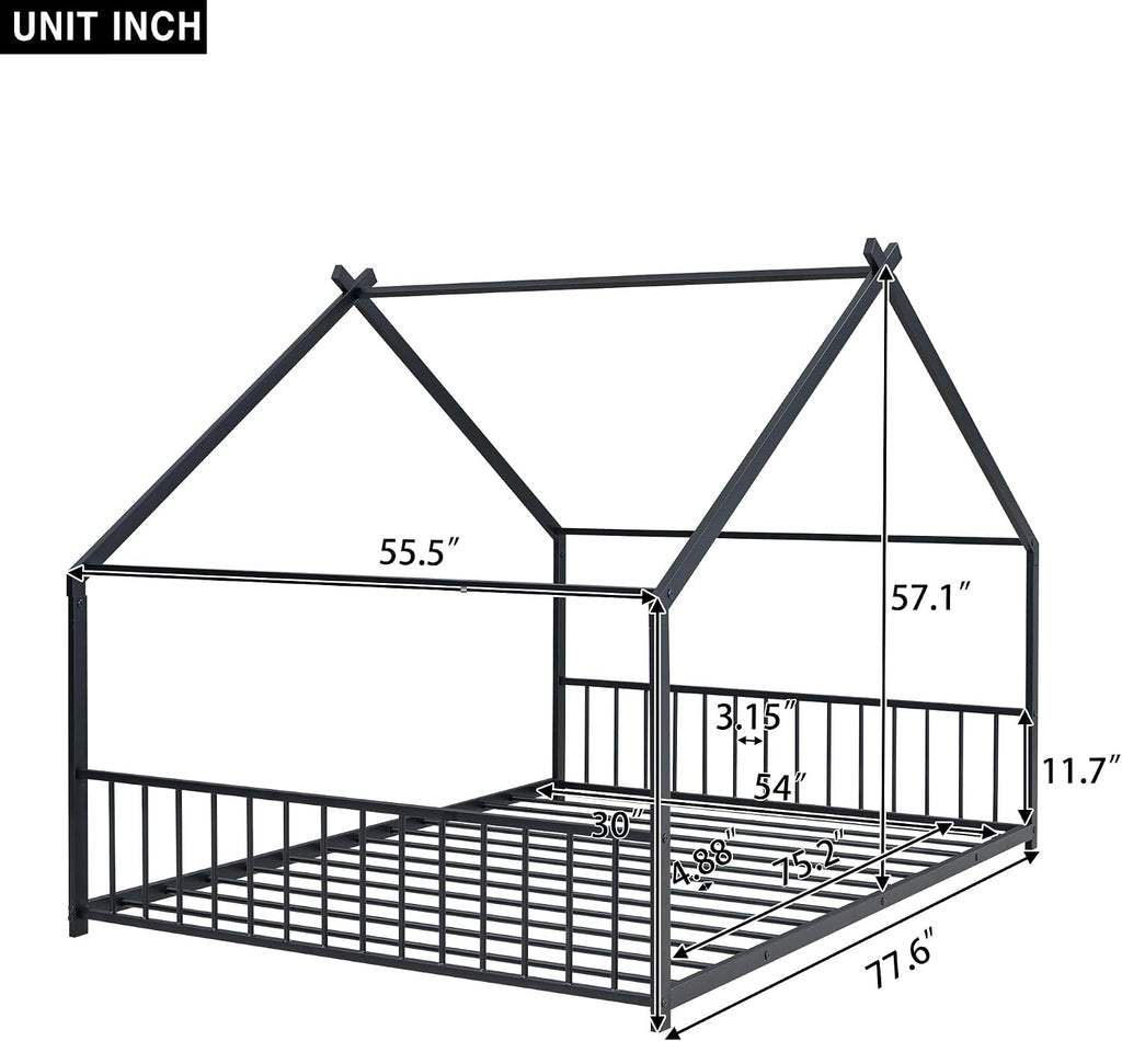 Bellemave Full Floor BedFrame with Slats for Kids, Metal Montessori Floor Beds, Full House Bed for Kids, Black with roof