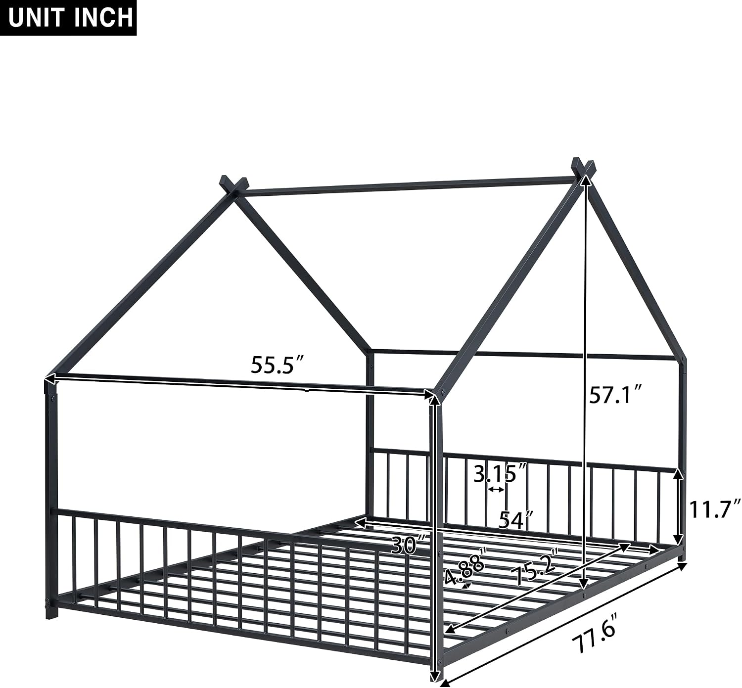 Bellemave Full Floor BedFrame with Slats for Kids, Metal Montessori Floor Beds, Full House Bed for Kids, Black with roof