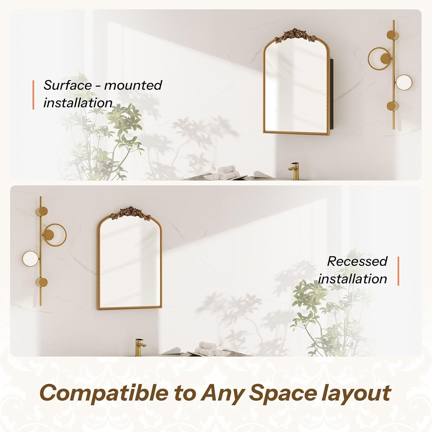 Bathroom Medicine Cabinet with Mirror, Sturdy, Durable & Easy Installation, Vintage Metal Frame (Gold Beads, 16'x24')
