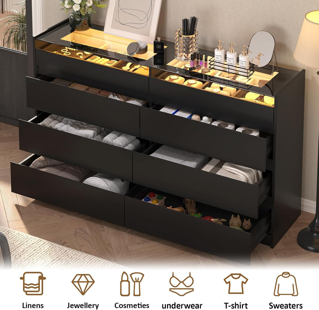 Black 8 Drawer Dresser for Bedroom, Modern Chest of Drawers, Jewelry Dresser Display with Glass Top and LED Light, Dressers Organizer for Bedroom, Closet, Living Room
