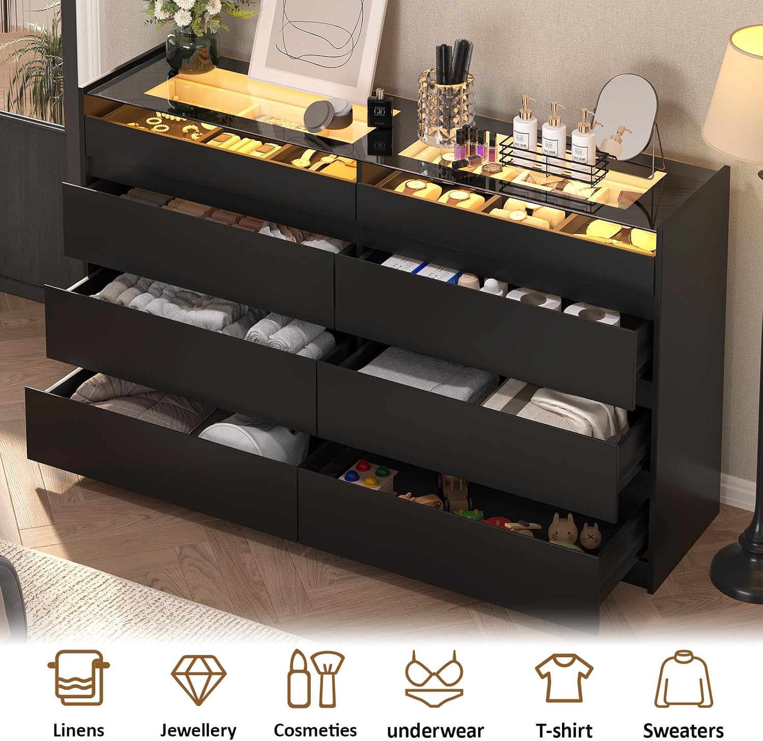 Black 8 Drawer Dresser for Bedroom, Modern Chest of Drawers, Jewelry Dresser Display with Glass Top and LED Light, Dressers Organizer for Bedroom, Closet, Living Room