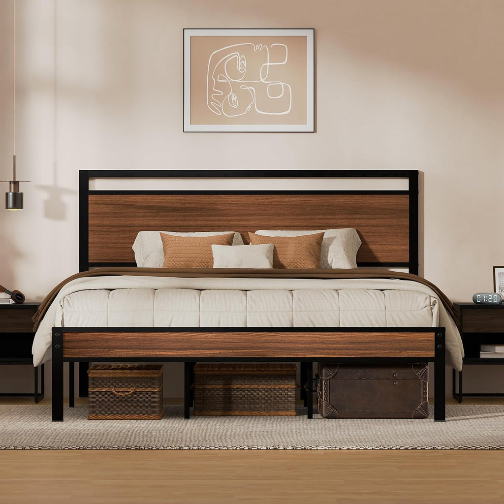 Z-hom King Metal Bed Frame with Wooden Headboard and Footboard, Heavy Duty Platform Frame with Metal Slats, No Box Spring Needed, Quiet and Non-Slip Design, Space Saving Bed Frame for Bedroom,Walnut