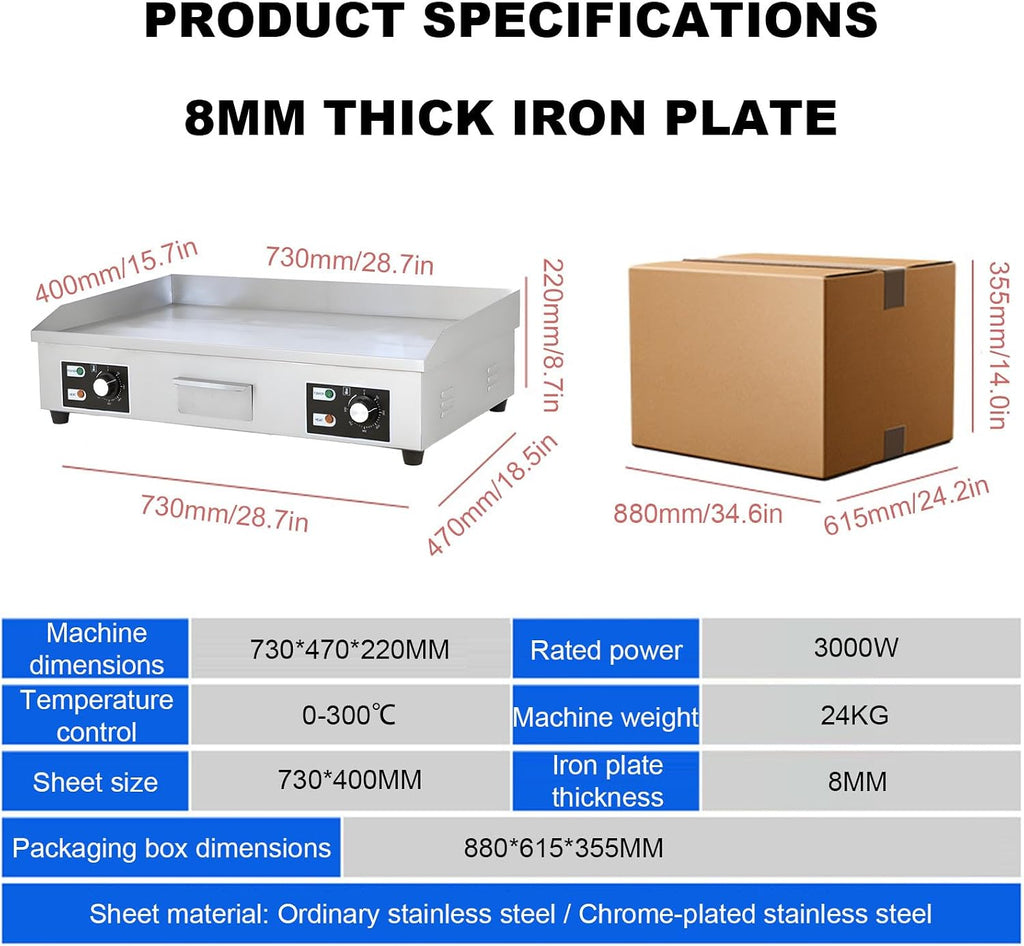 Electric Kitchen Griddle, Flat Top Grill for Countertop, 3000 W, Stainless Steel Countertop Electric Griddle Nonstick, 8mm thick iron plate, for Indoor and Restaurant 73 * 47 * 22CM