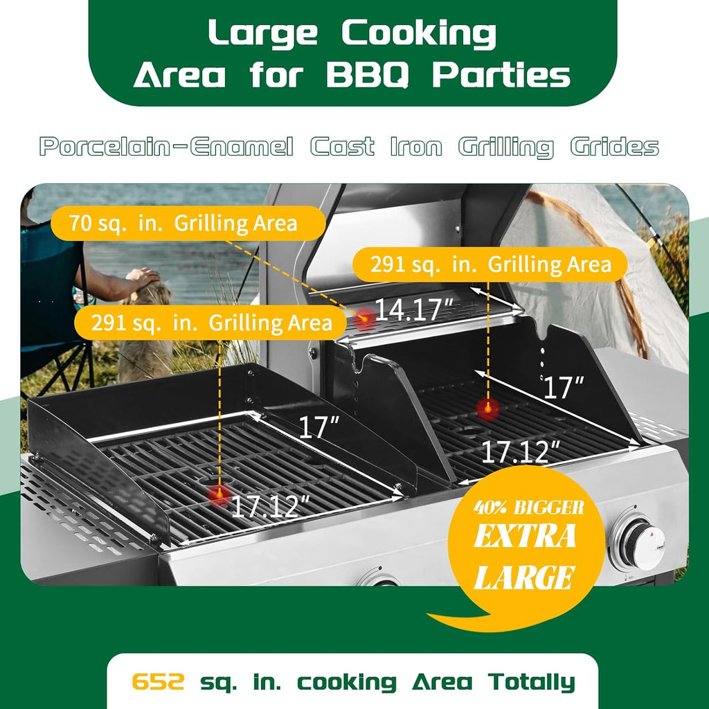 2+2 Multi-function Pizza Griddle Grill Combo,4 Burners Stainless Steel Propane Gas Grill,49,200 BTU Output for Outdoor BBQ,Frying,Pizza Making,Patio Backyard Barbecue,Deck